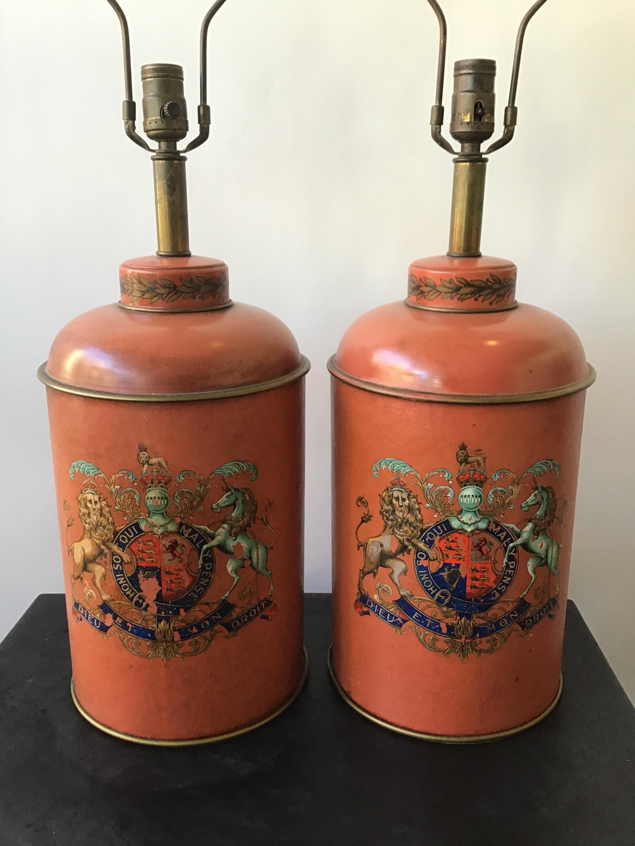 Pair of 1940s French Leather Crest Lamps In Fair Condition In Tarrytown, NY