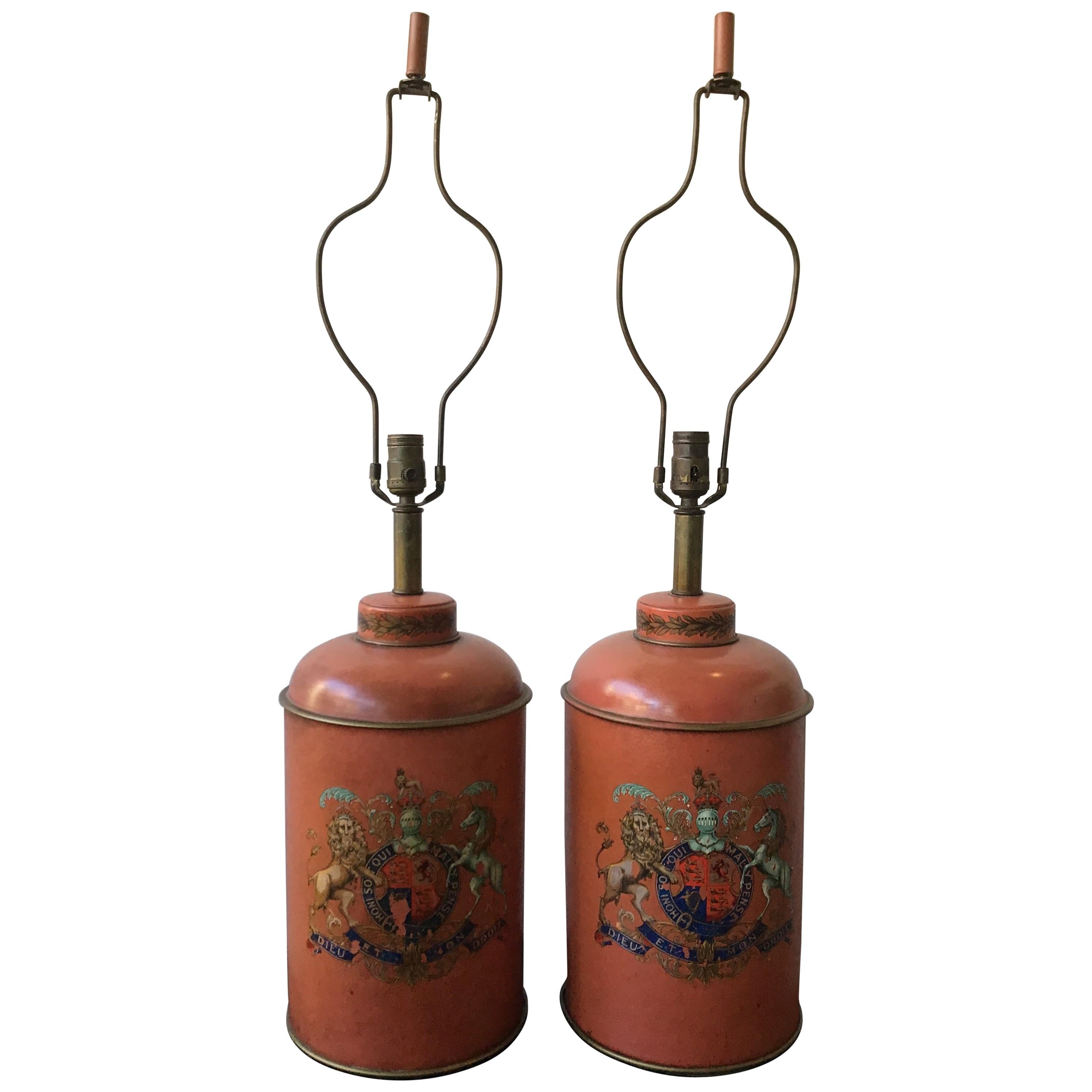 Pair of 1940s French Leather Crest Lamps