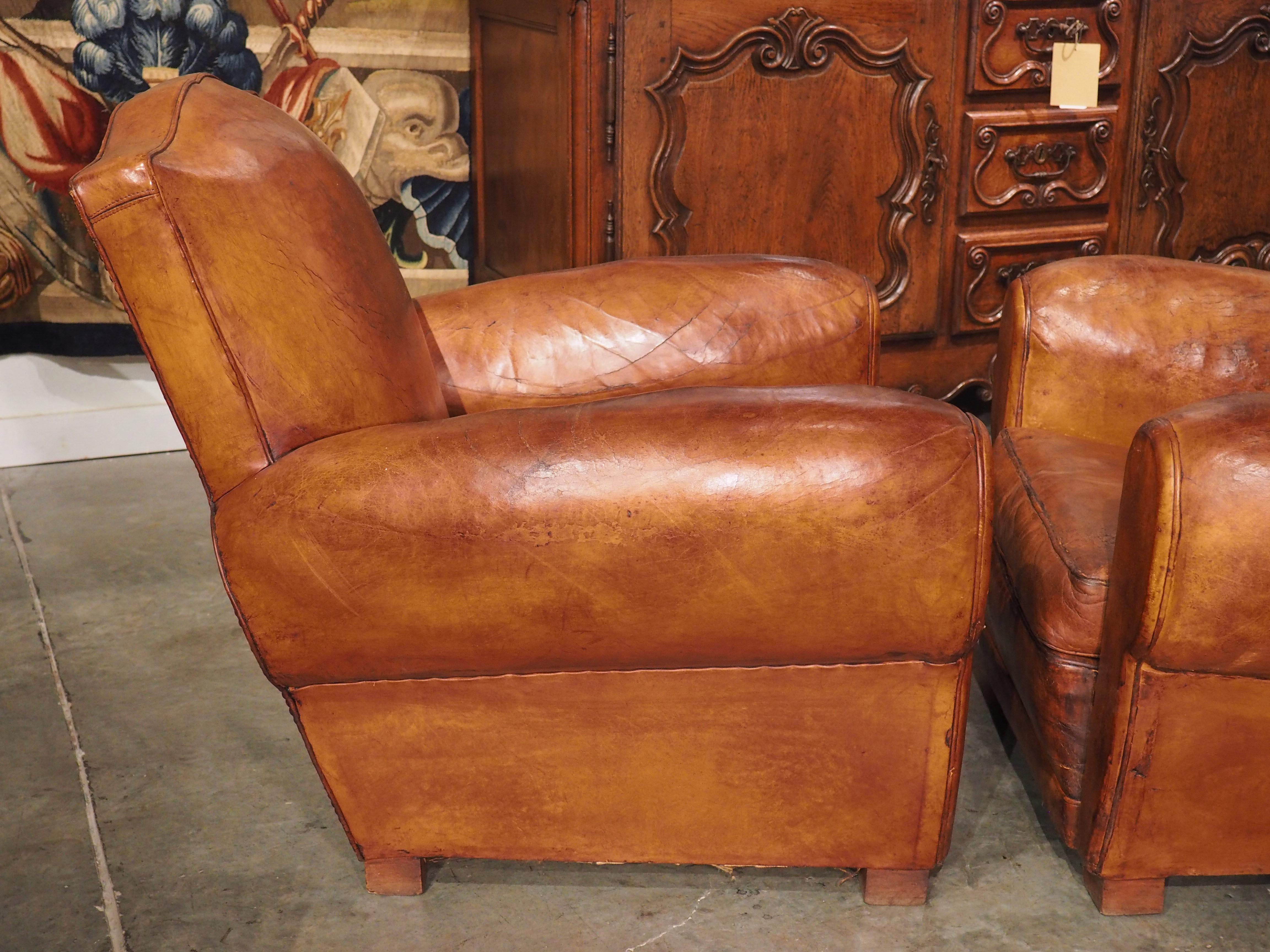 Pair of 1940s French Leather Moustache Back Club Chairs 8