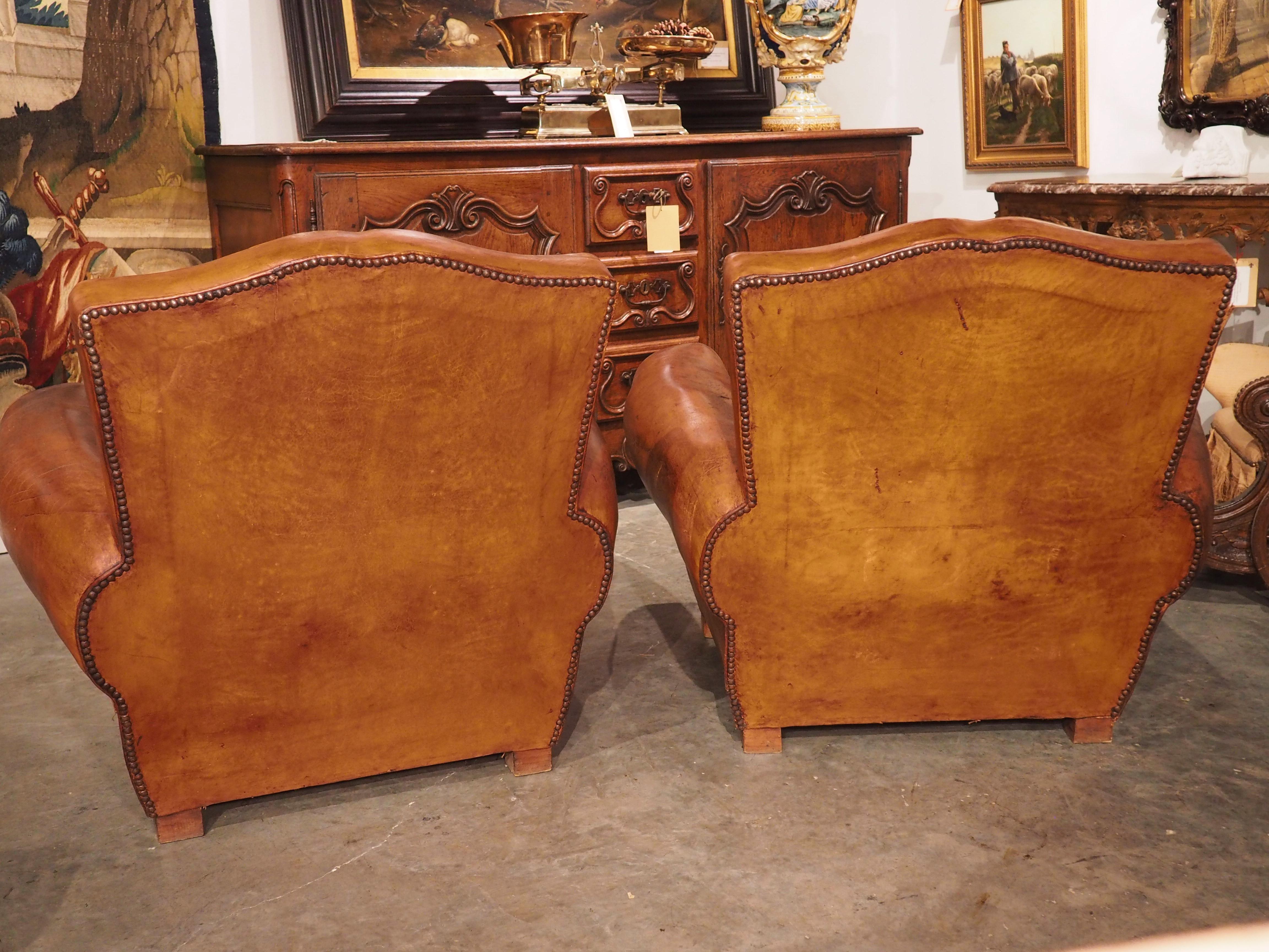 Pair of 1940s French Leather Moustache Back Club Chairs 14