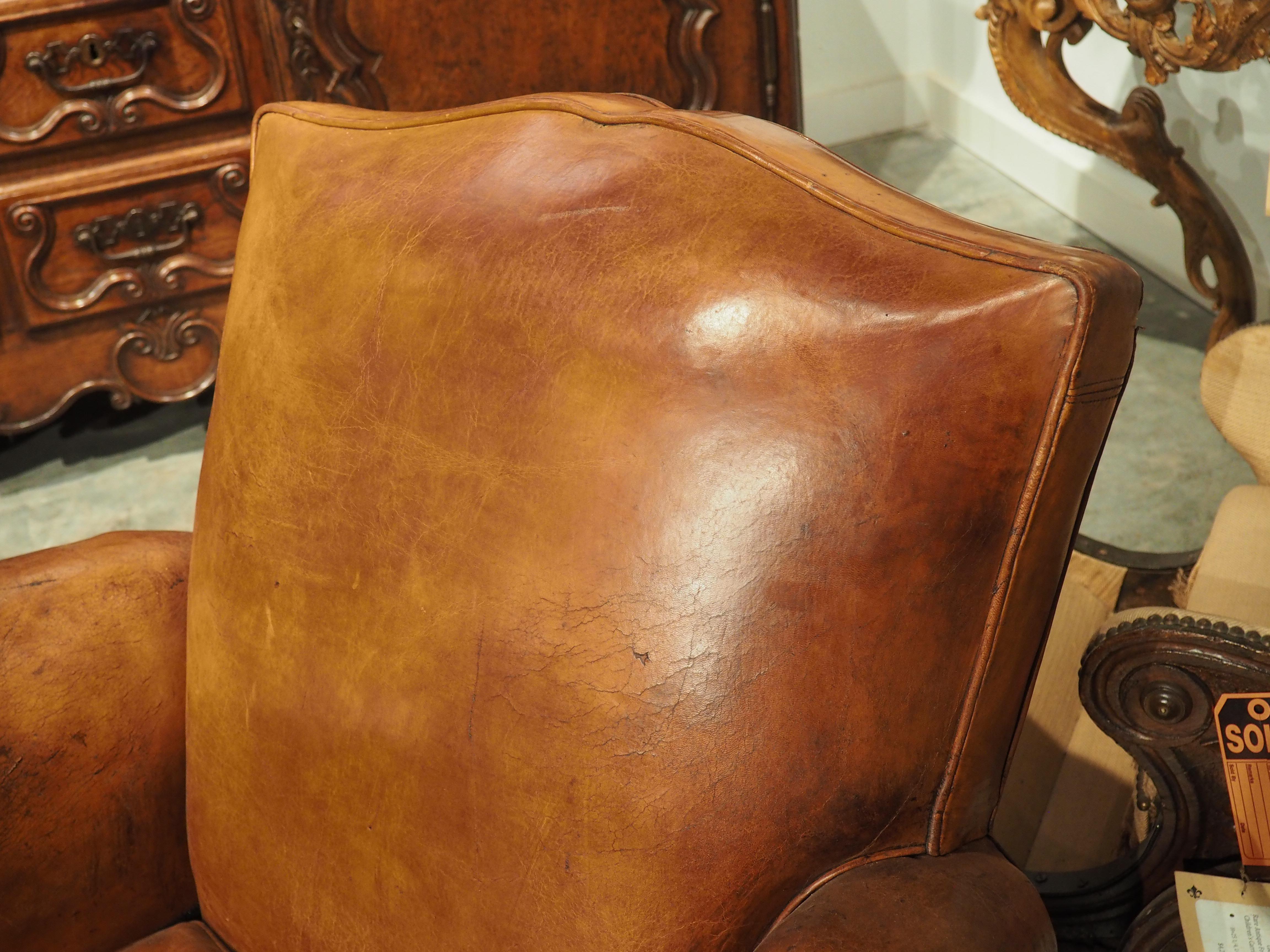 Pair of 1940s French Leather Moustache Back Club Chairs 15