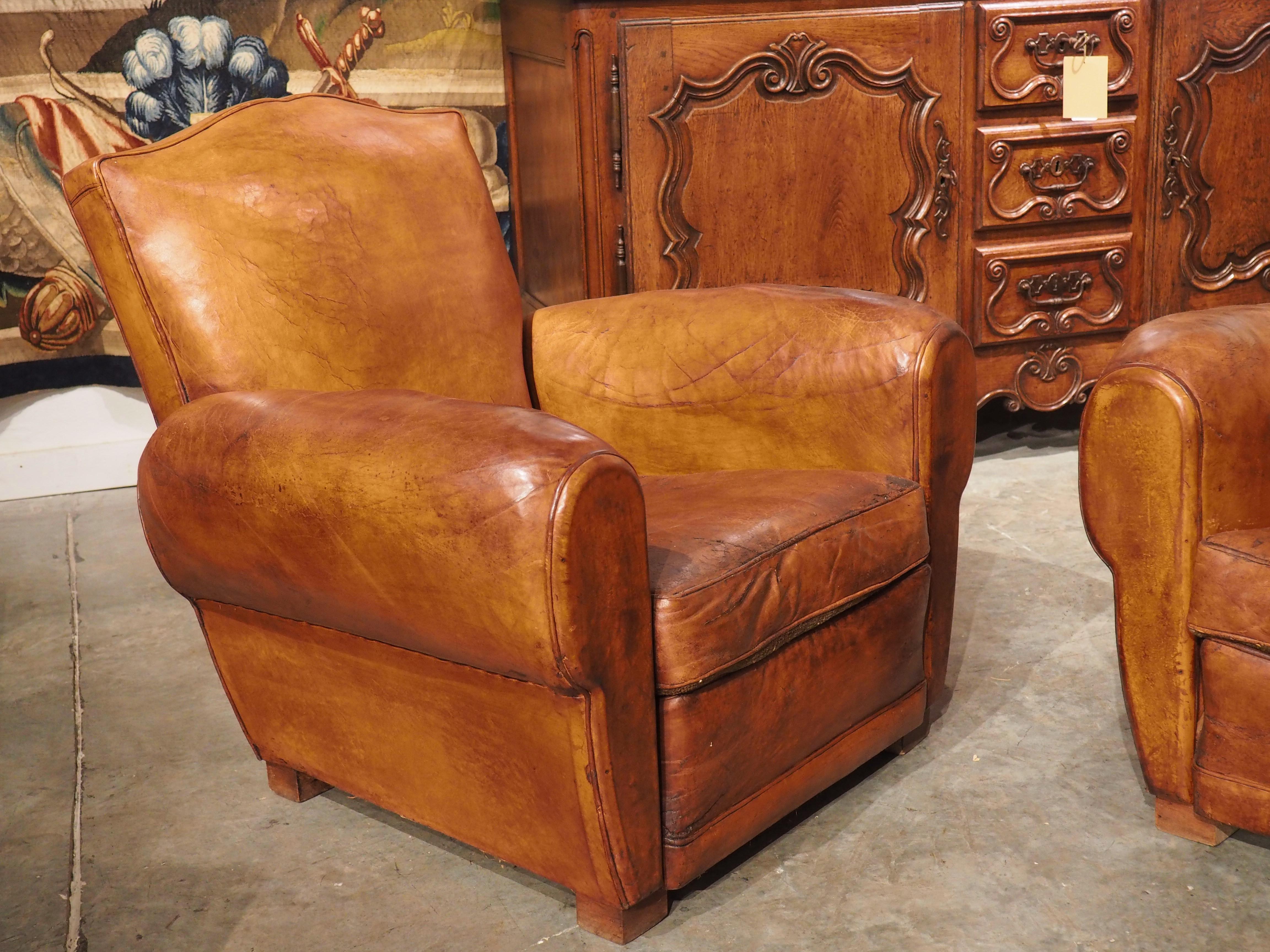 Pair of 1940s French Leather Moustache Back Club Chairs 16