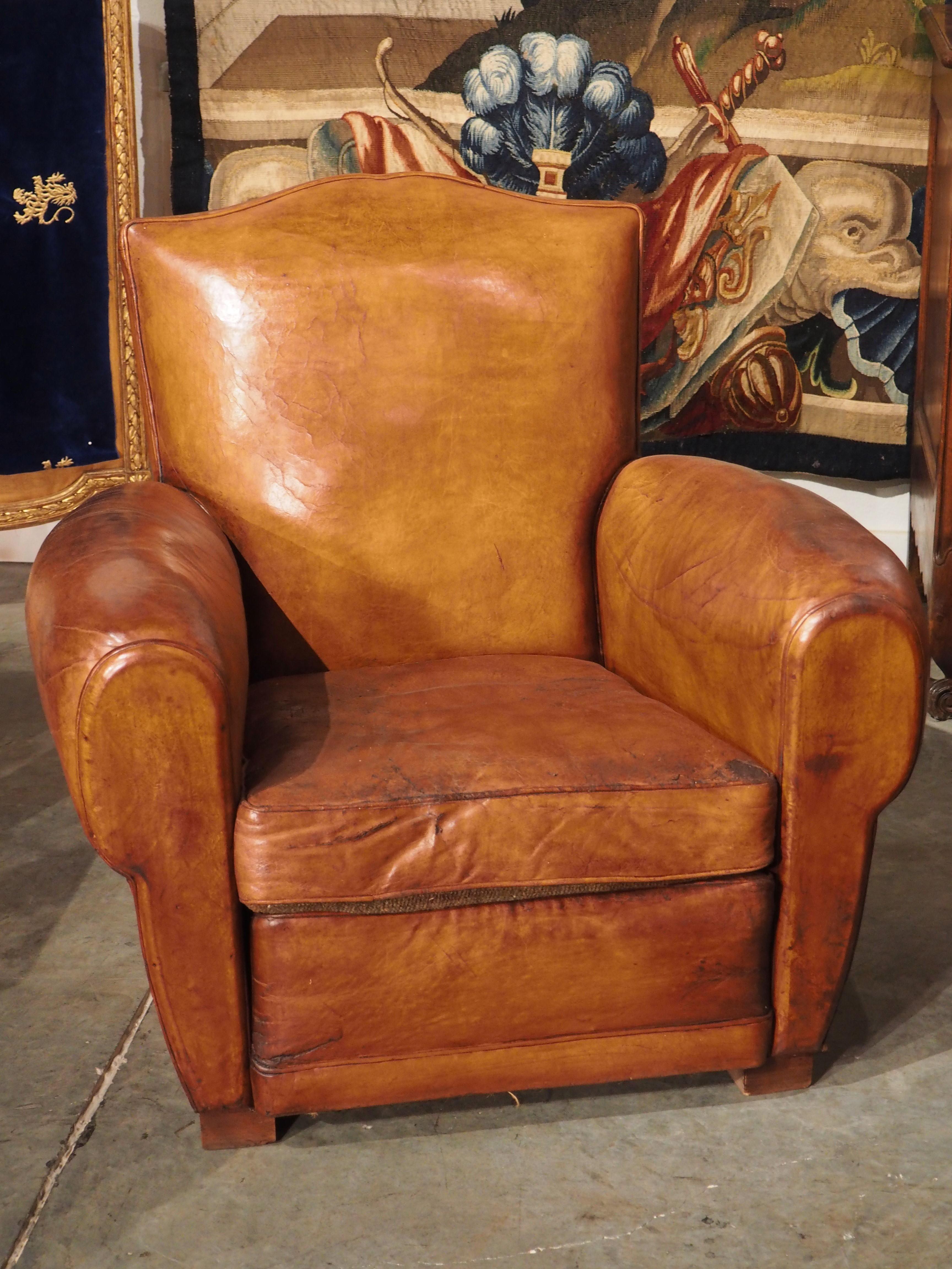 Pair of 1940s French Leather Moustache Back Club Chairs In Good Condition In Dallas, TX