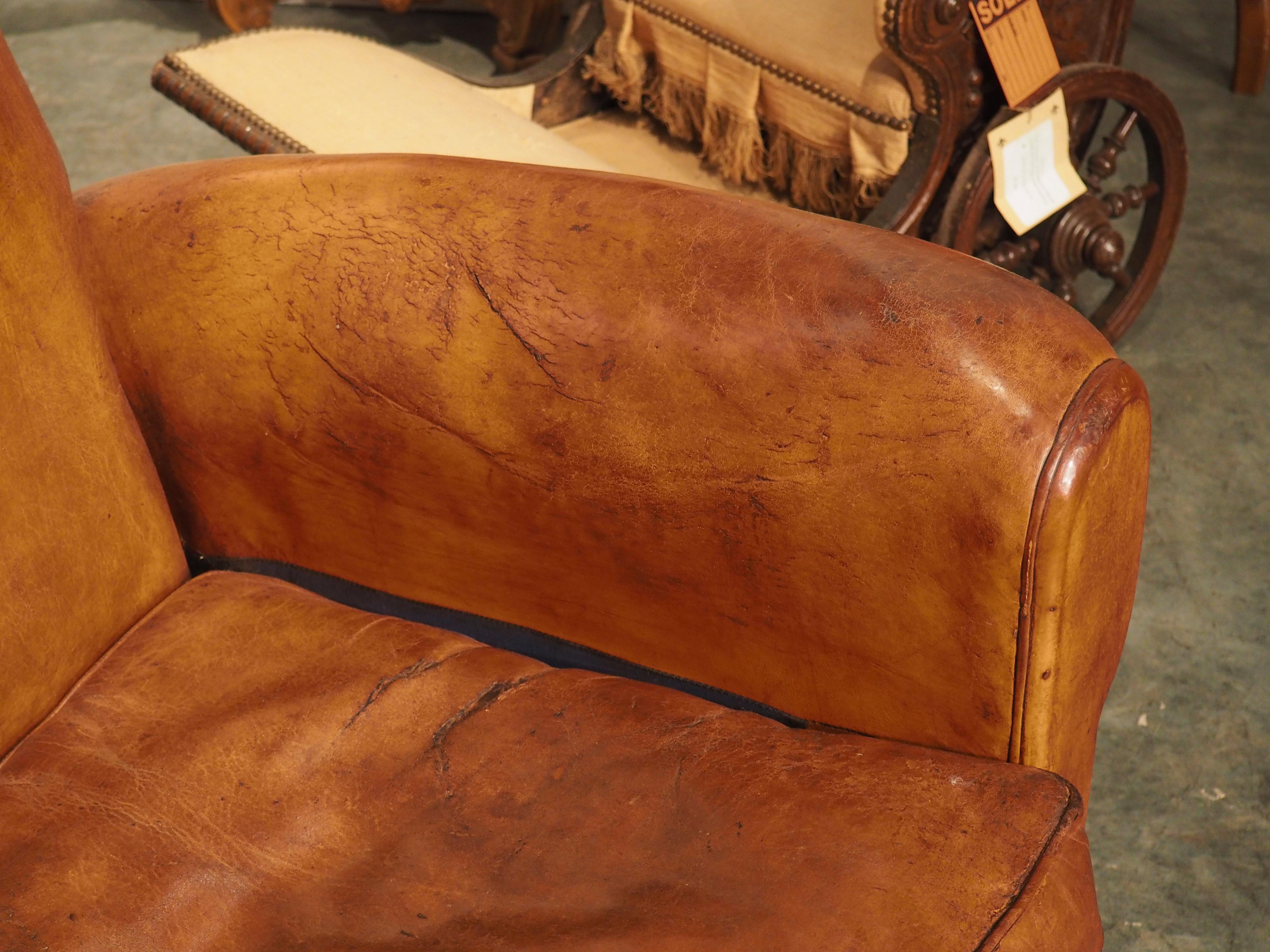 Pair of 1940s French Leather Moustache Back Club Chairs 4