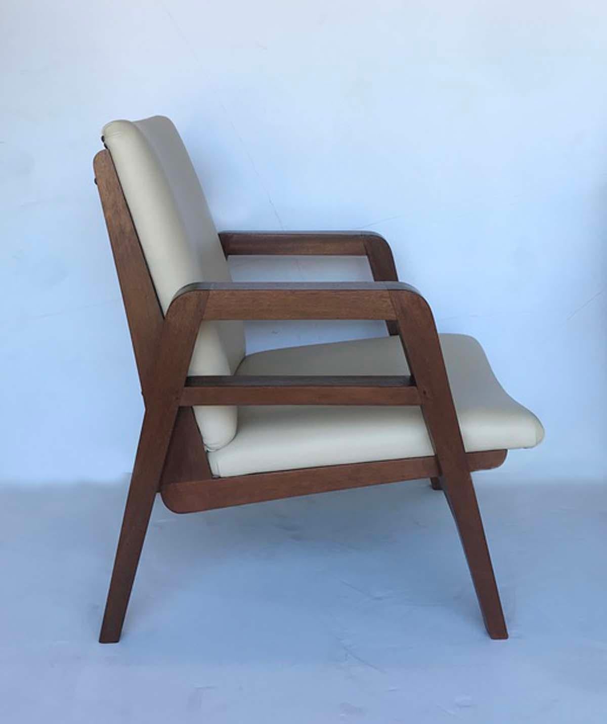 Mid-Century Modern Pair of 1940s French Mahogany and Leather Armchairs