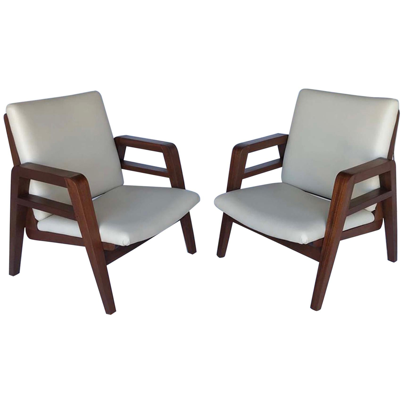 Pair of 1940s French Mahogany and Leather Armchairs