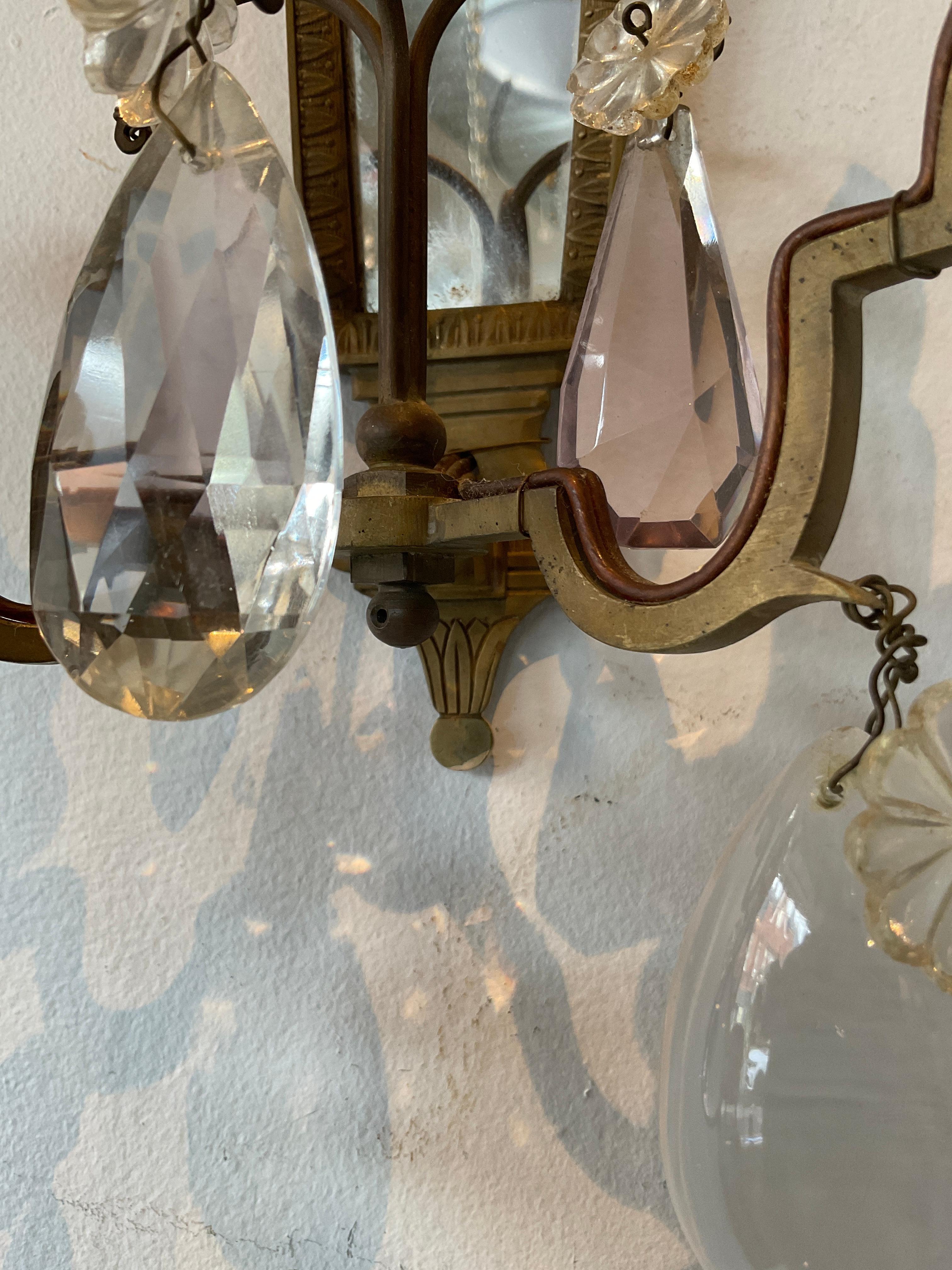 Pair Of 1940s French Mirrored Bronze And Crystal  Sconces For Sale 7