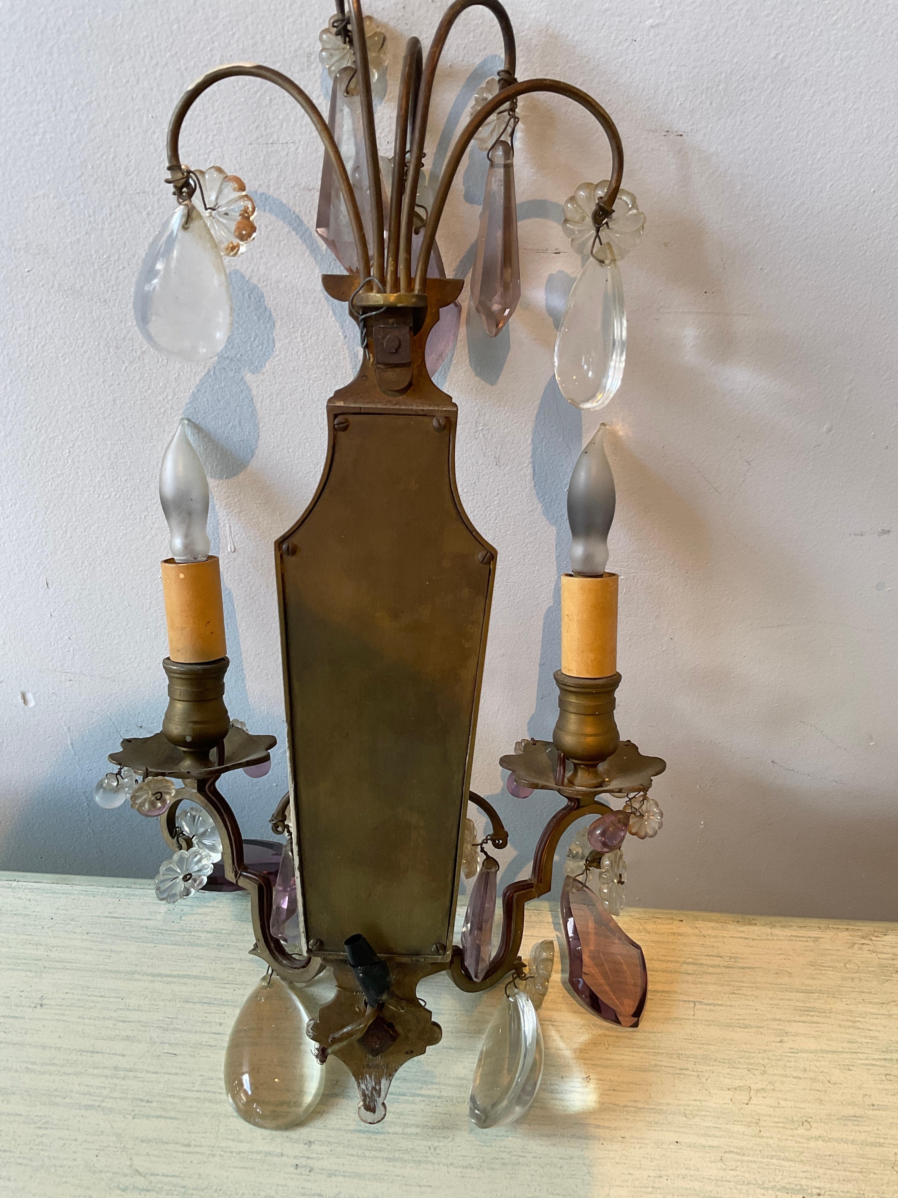 Pair Of 1940s French Mirrored Bronze And Crystal  Sconces For Sale 8