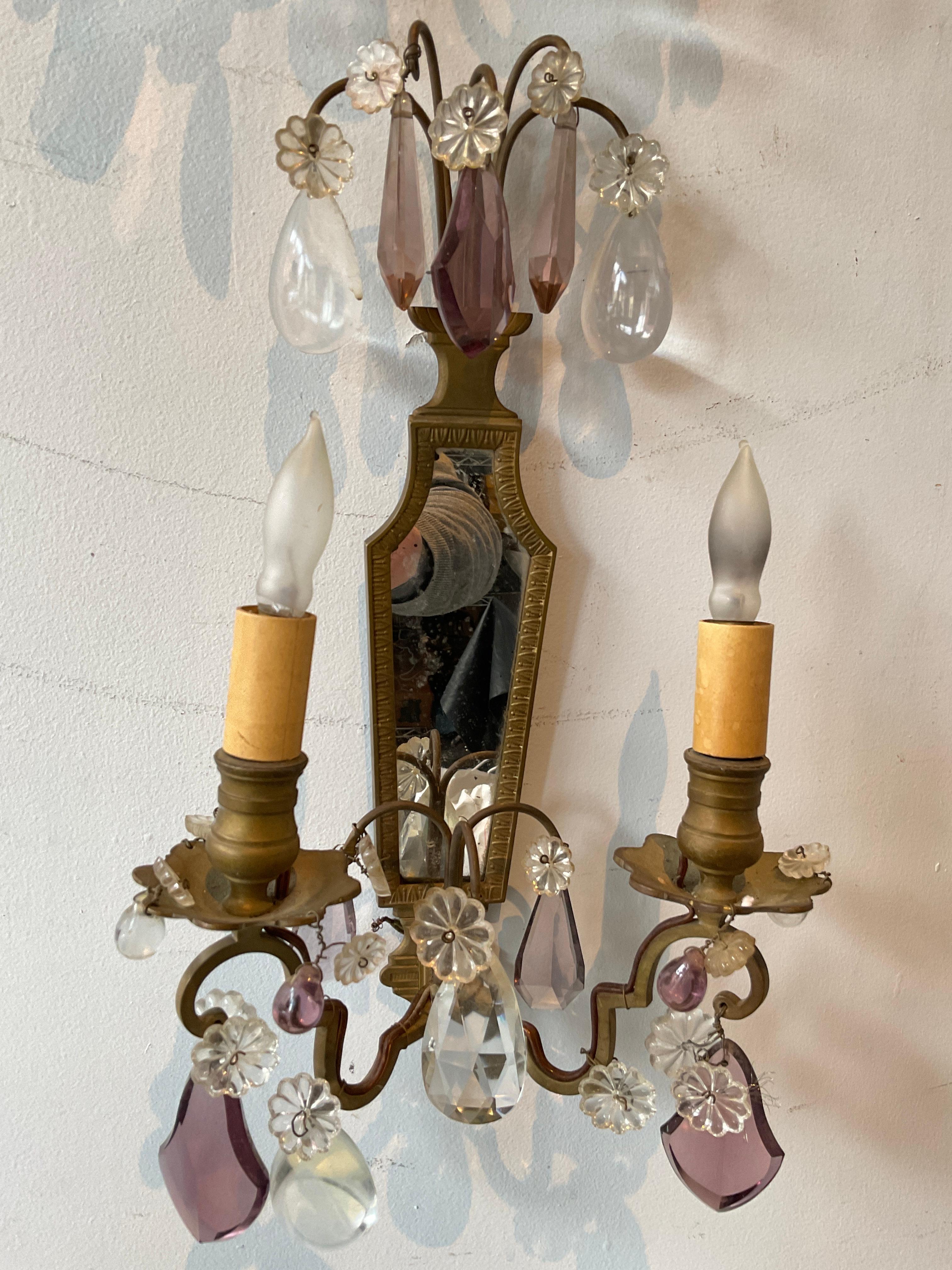 Pair of 1940s Bronze mirrored back sconces.Needs  rewiring. Some crystals missing.