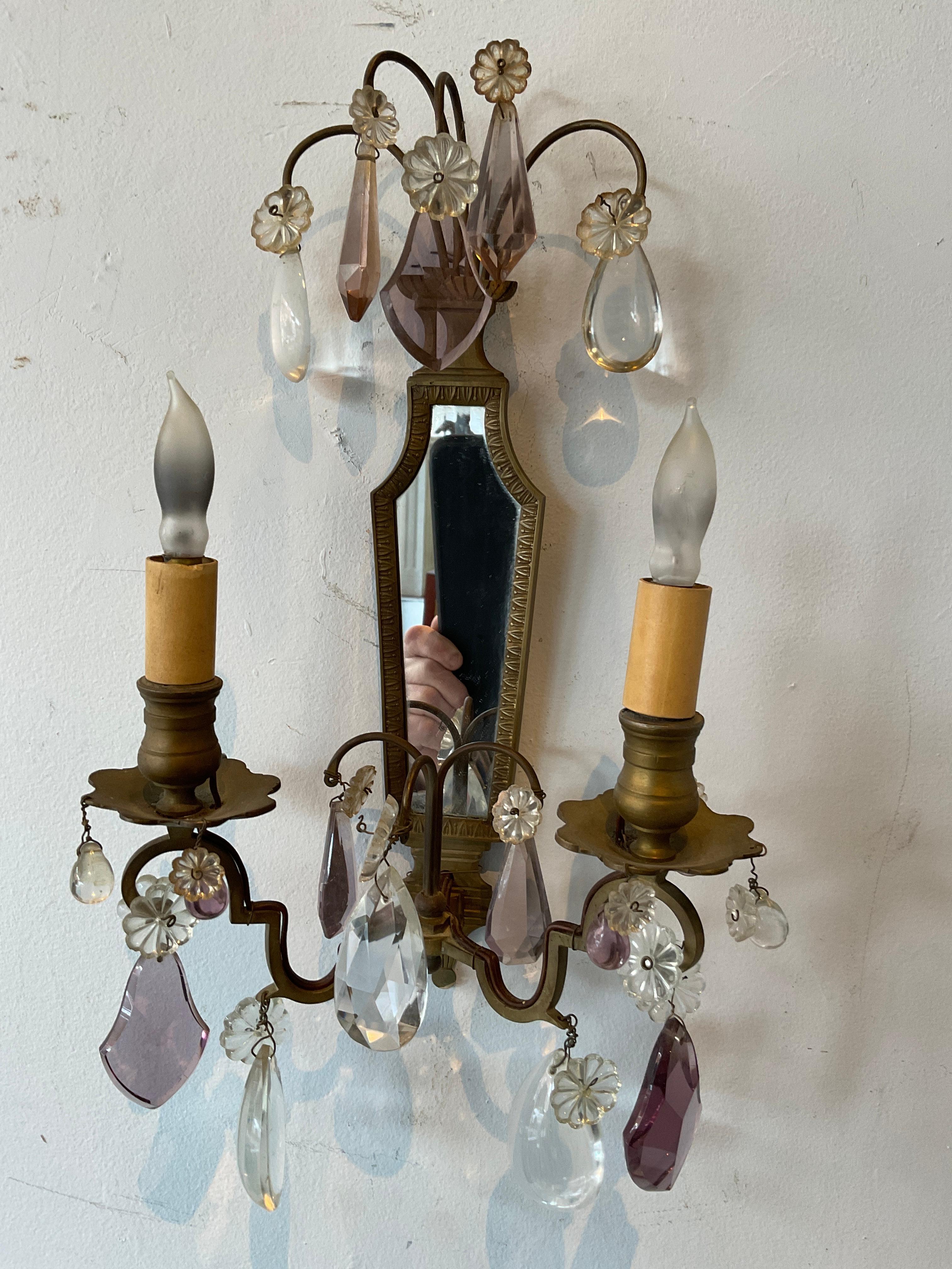 Pair Of 1940s French Mirrored Bronze And Crystal  Sconces In Good Condition For Sale In Tarrytown, NY