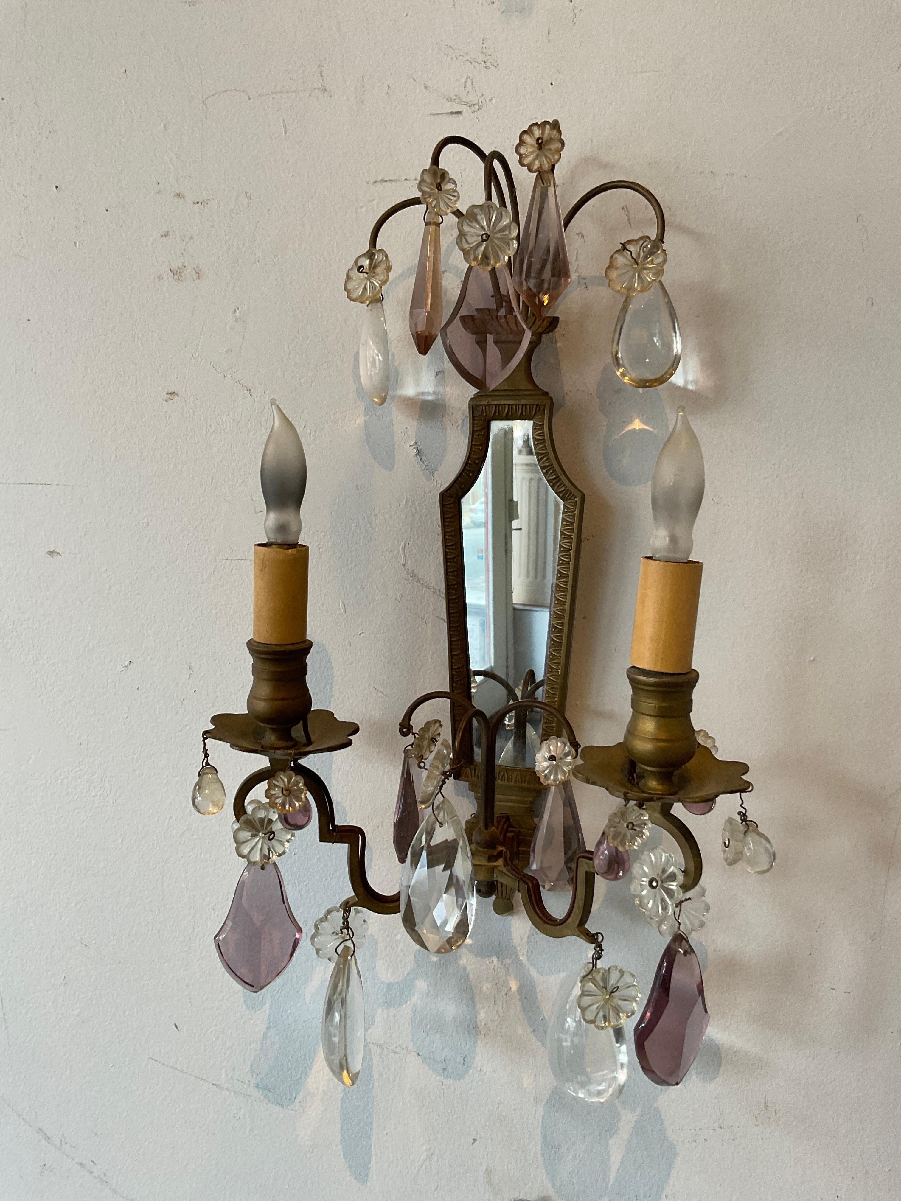 Mid-20th Century Pair Of 1940s French Mirrored Bronze And Crystal  Sconces For Sale