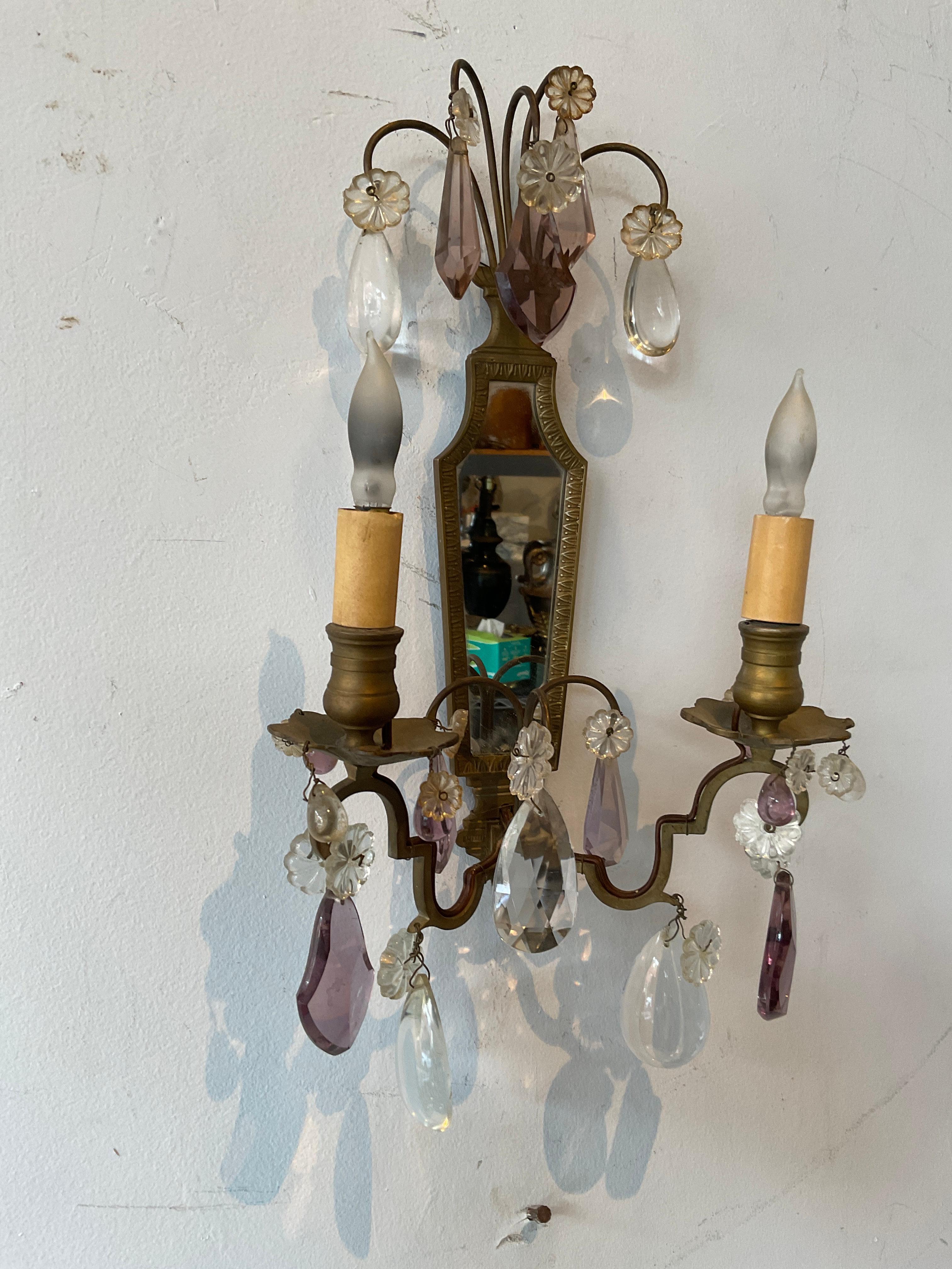 Pair Of 1940s French Mirrored Bronze And Crystal  Sconces For Sale 1