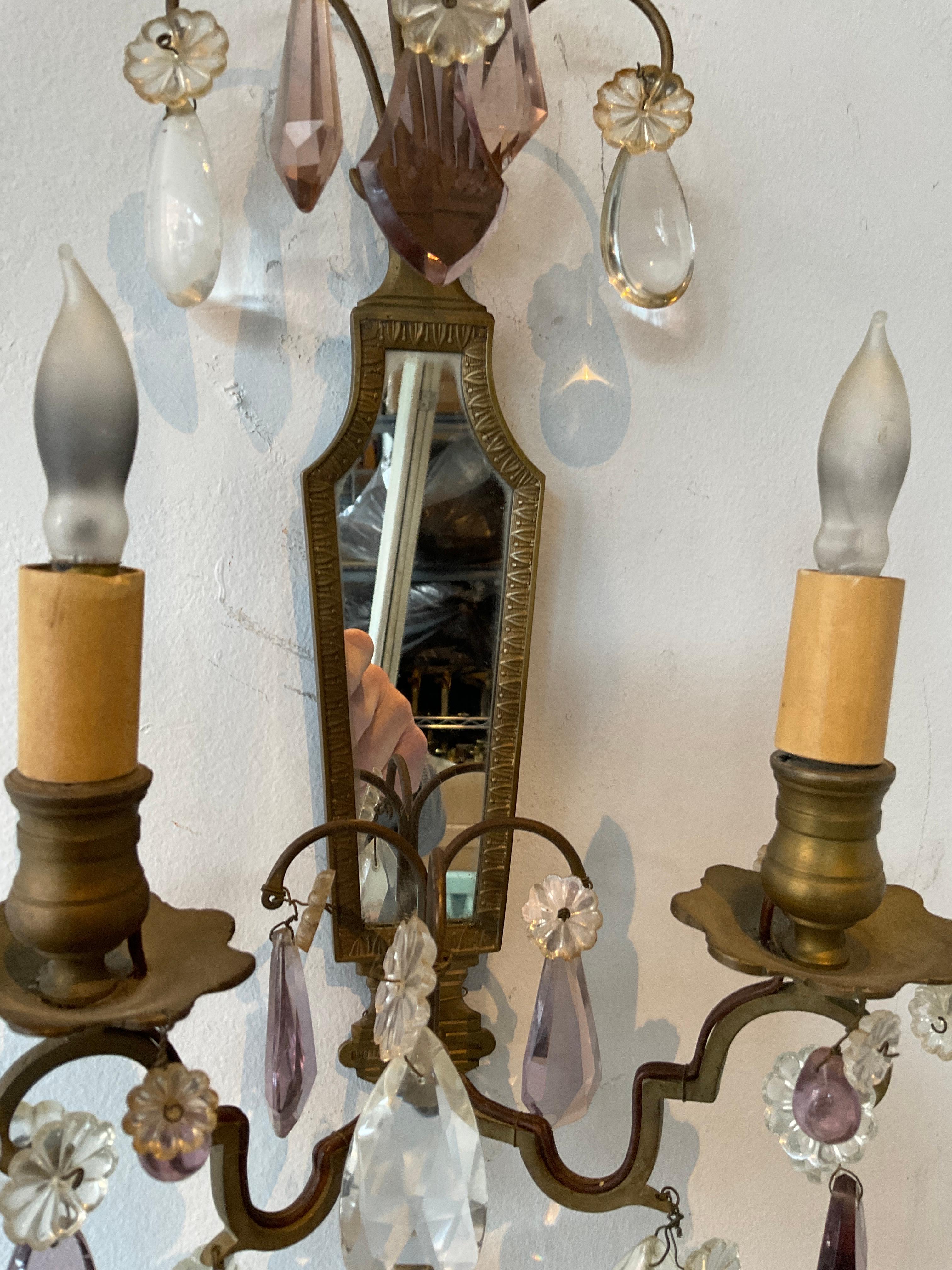 Pair Of 1940s French Mirrored Bronze And Crystal  Sconces For Sale 2