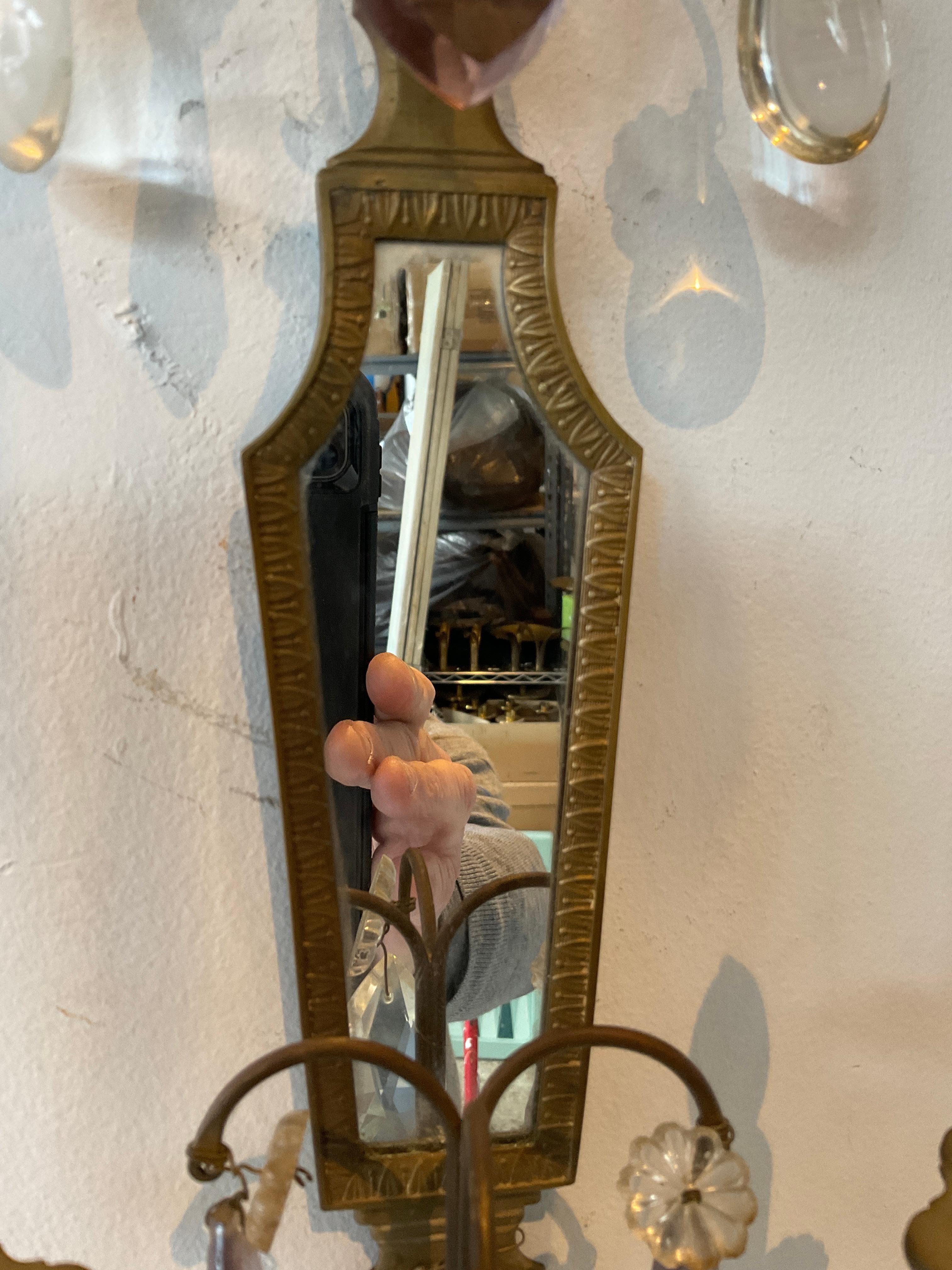 Pair Of 1940s French Mirrored Bronze And Crystal  Sconces For Sale 4