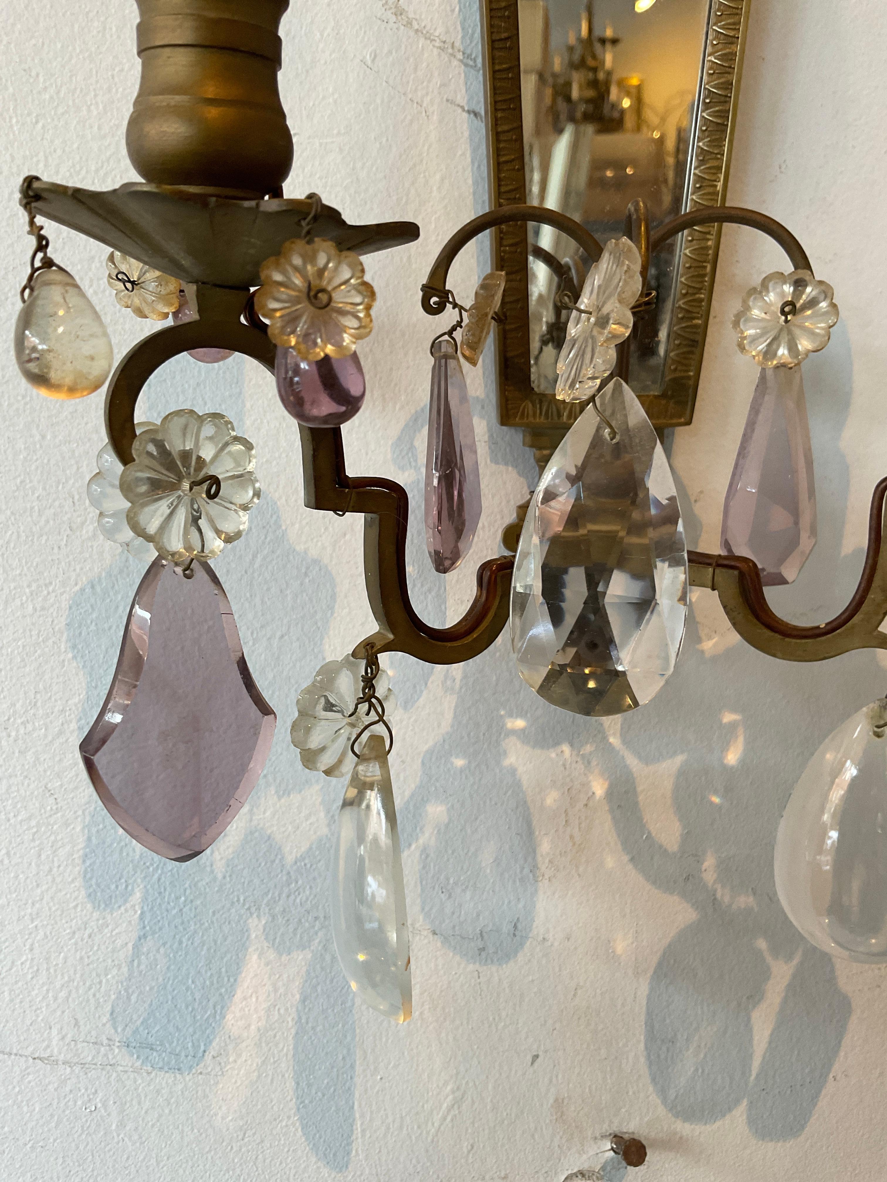Pair Of 1940s French Mirrored Bronze And Crystal  Sconces For Sale 5