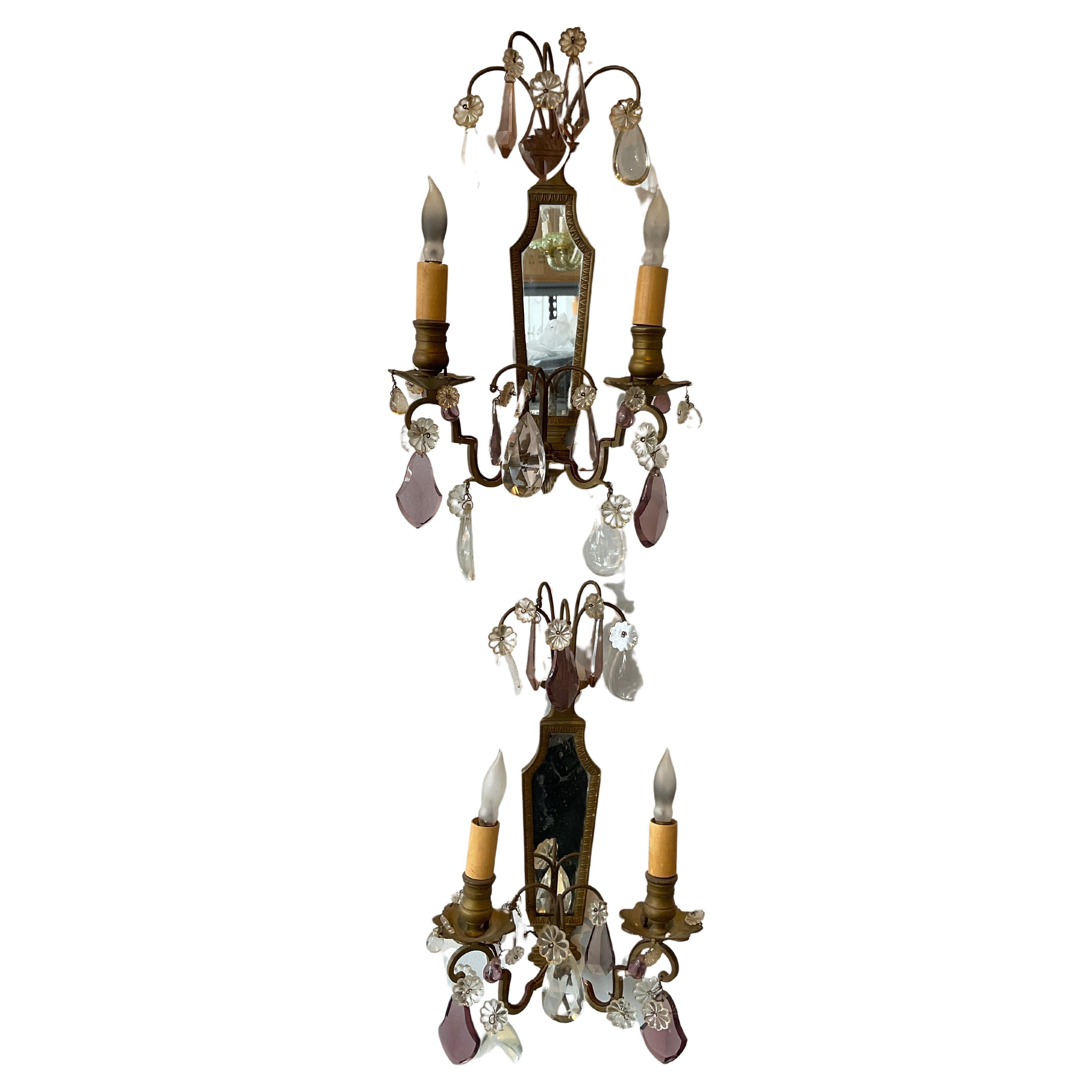 Pair Of 1940s French Mirrored Bronze And Crystal  Sconces