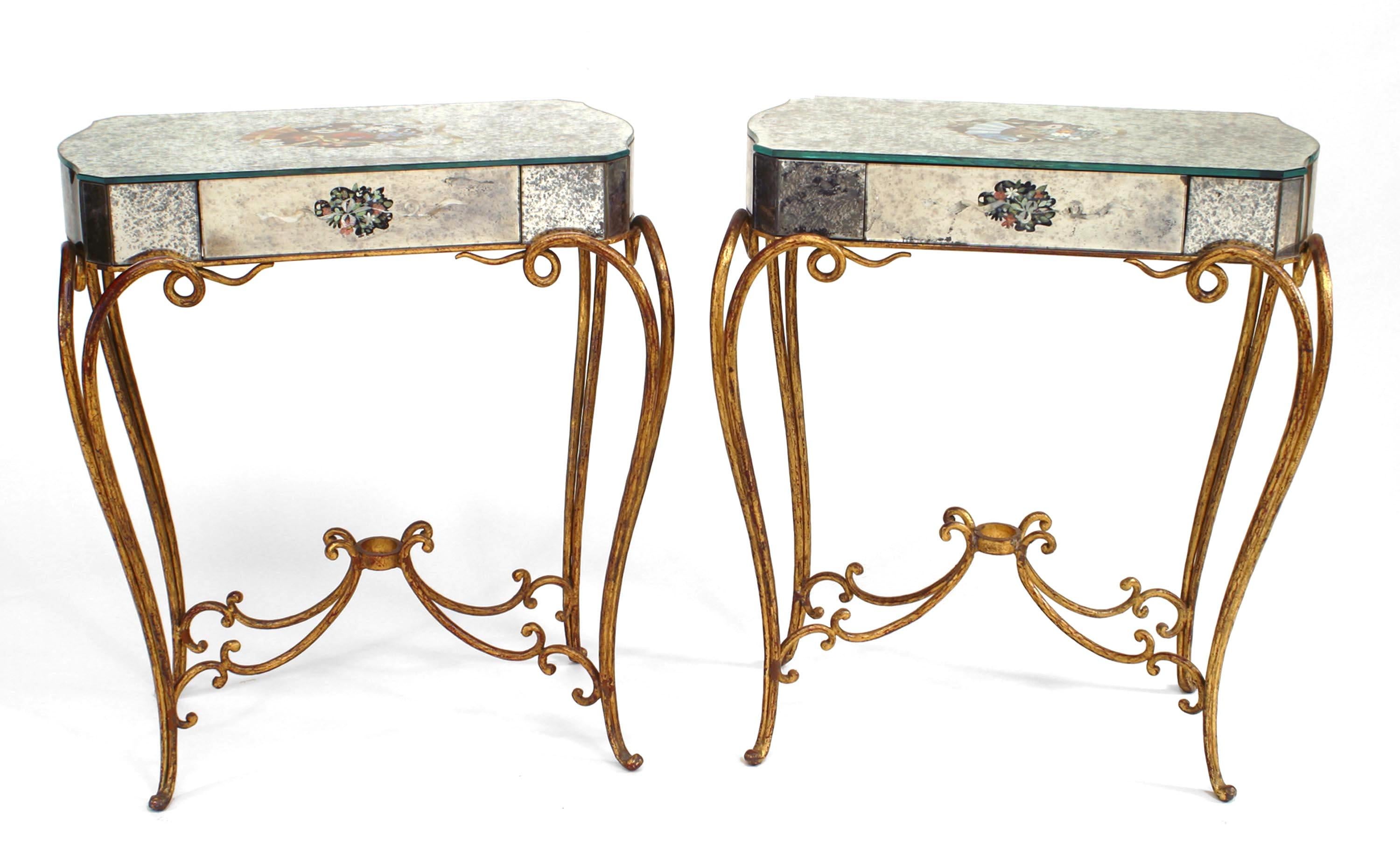 Pair of French Mid-Century (1940s) rectangular mirrored decorated end tables with drawer and gilt scroll legs and stretcher. (Attributed to RENE DROUET/mirror decorated by ADRIEN EKMAN) (PRICED AS Pair)
