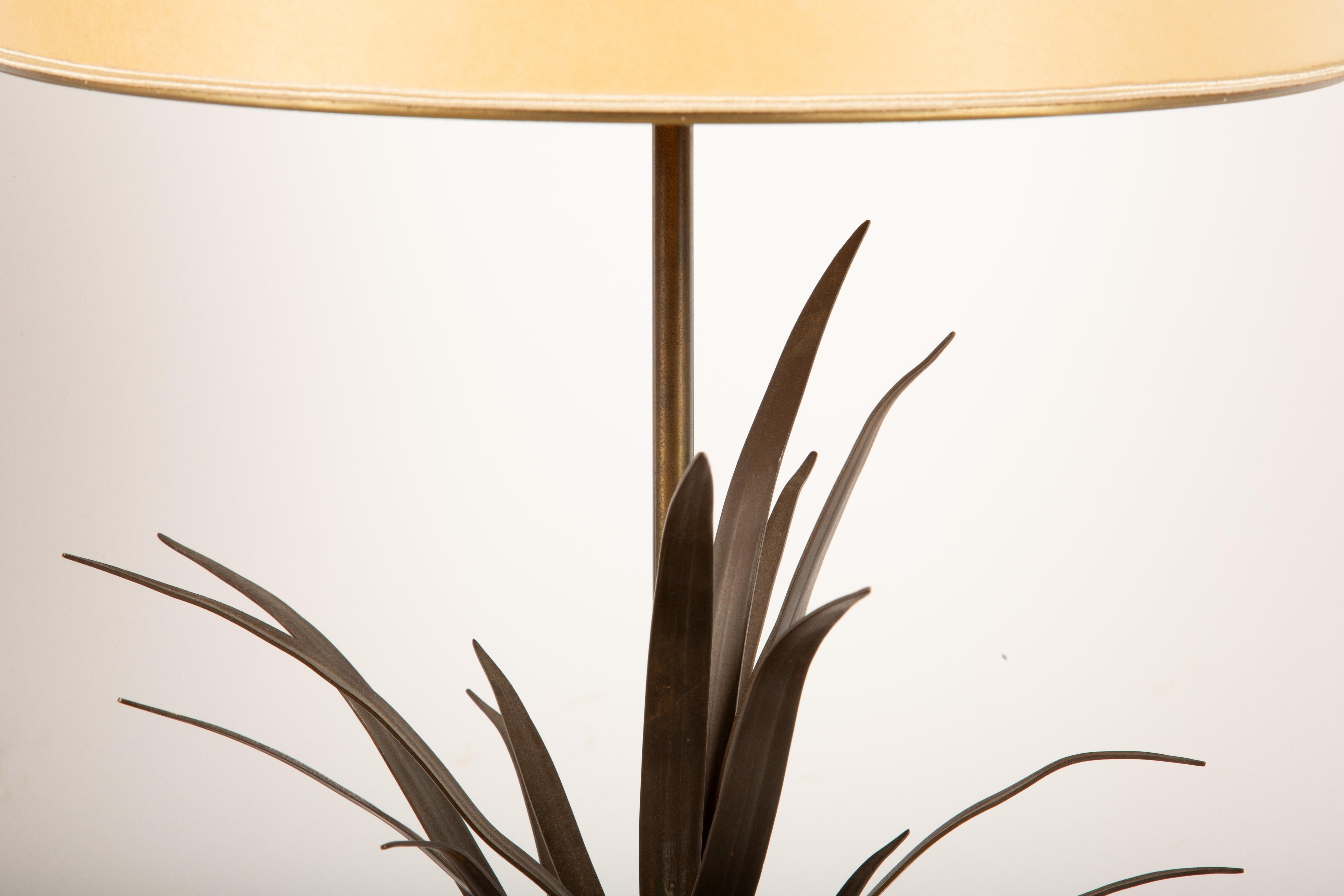Metal Pair of 1940s French Patinated Bronze Wheat or Palm Frond Cache Pot Lamps