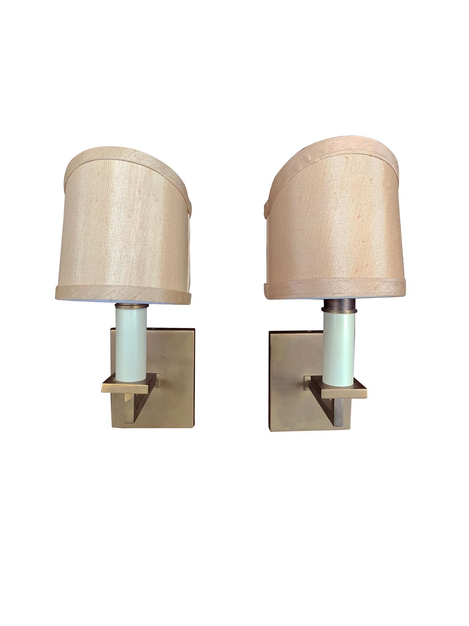 Pair of 1940s French Sconces with New Silk Shades In Good Condition In New York, NY