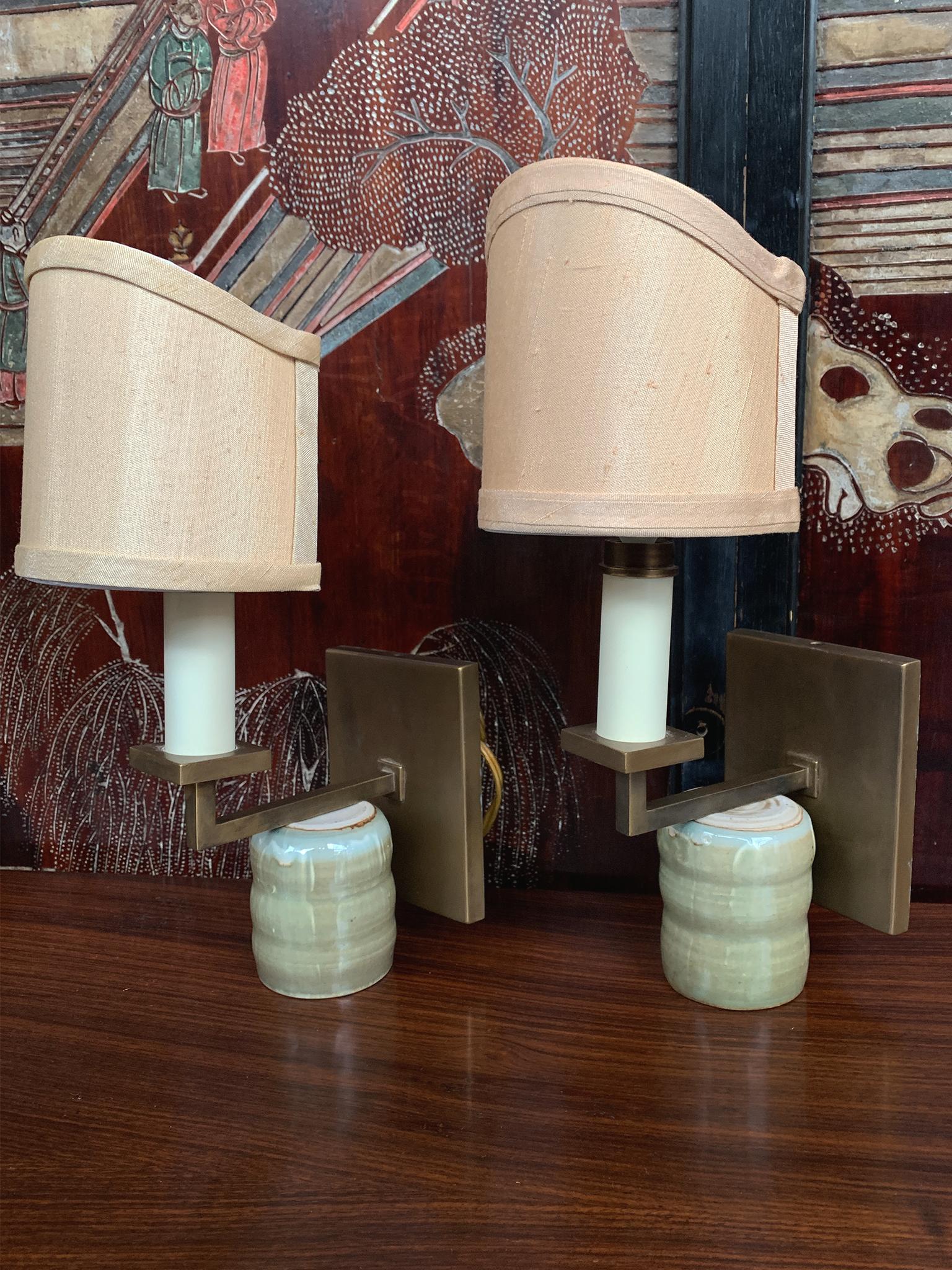 Mid-20th Century Pair of 1940s French Sconces with New Silk Shades