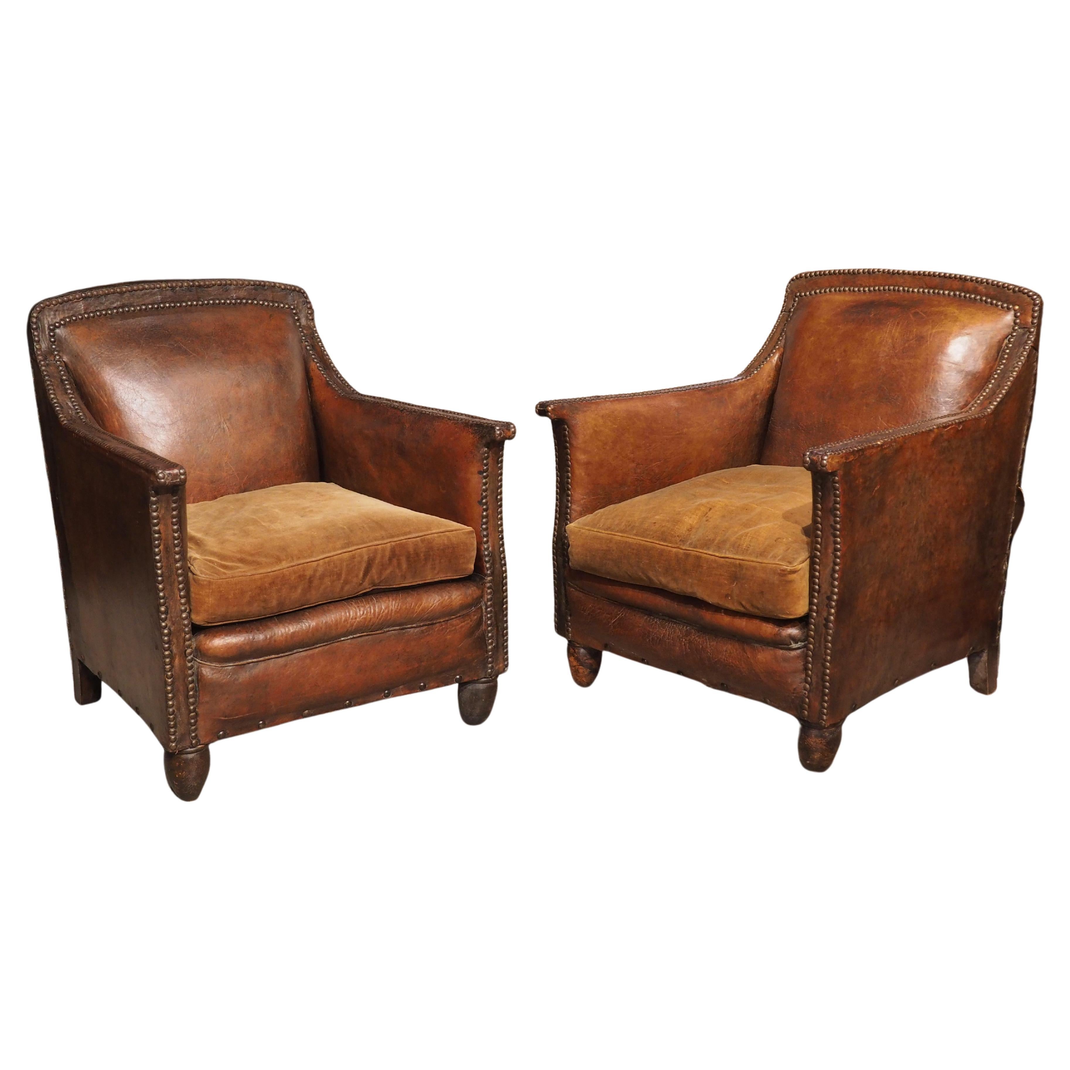Pair of 1940s French Studded Leather Club Chairs with Velvet Cushions
