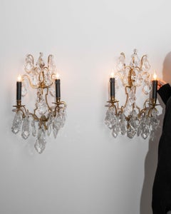 Pair Of 1940s French Wall Sconces With Cut Glass Drops
