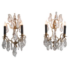 Paar französische Wandleuchter aus den 1940er Jahren mit geschliffenen Glastropfen