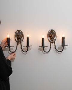 Pair of 1940s French Wall Sconces, Dark Patinated Metal, Lion Heads