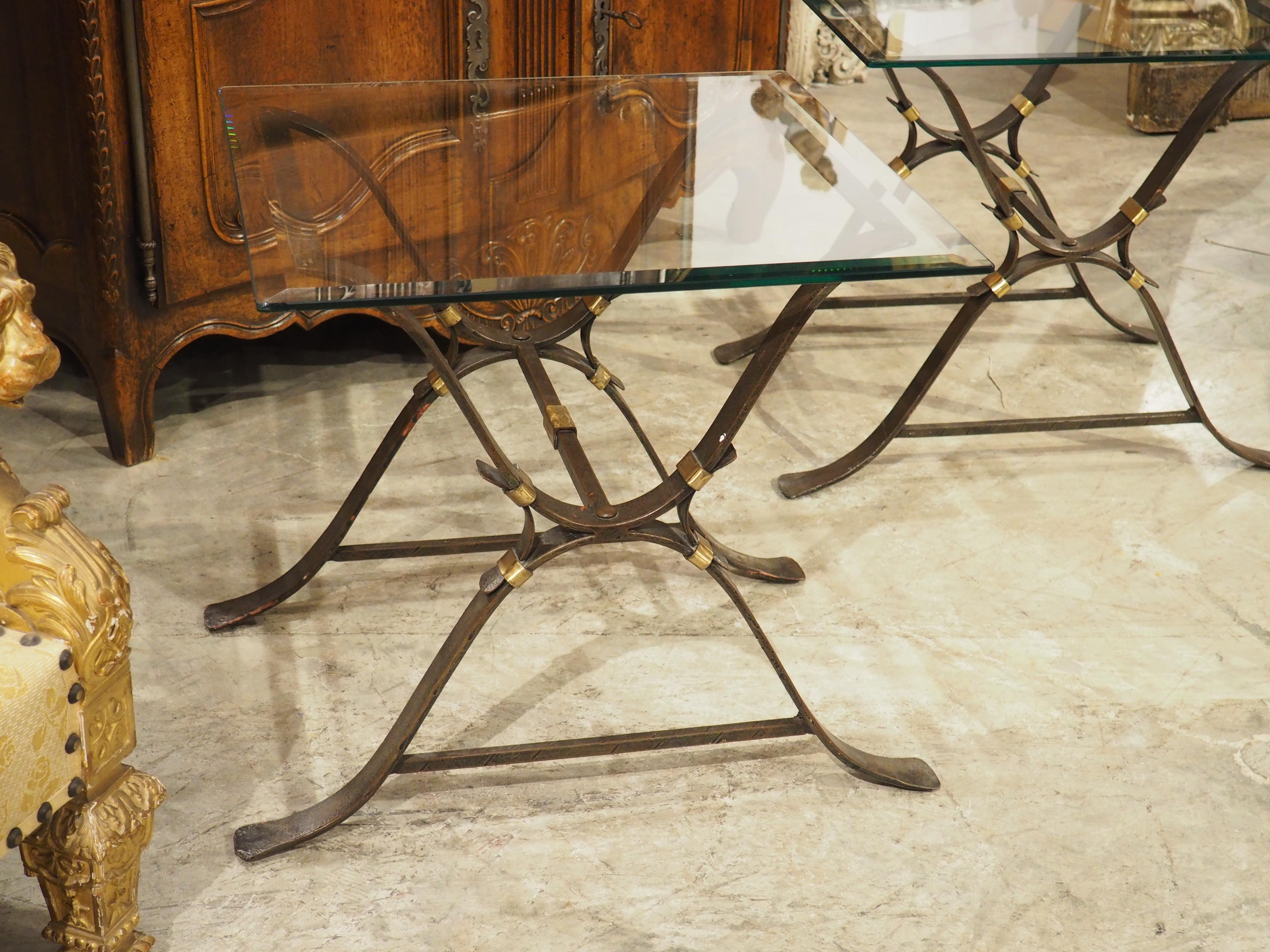 Pair of 1940s French Wrought Iron and Brass Side Tables with Beveled Glass Tops For Sale 6