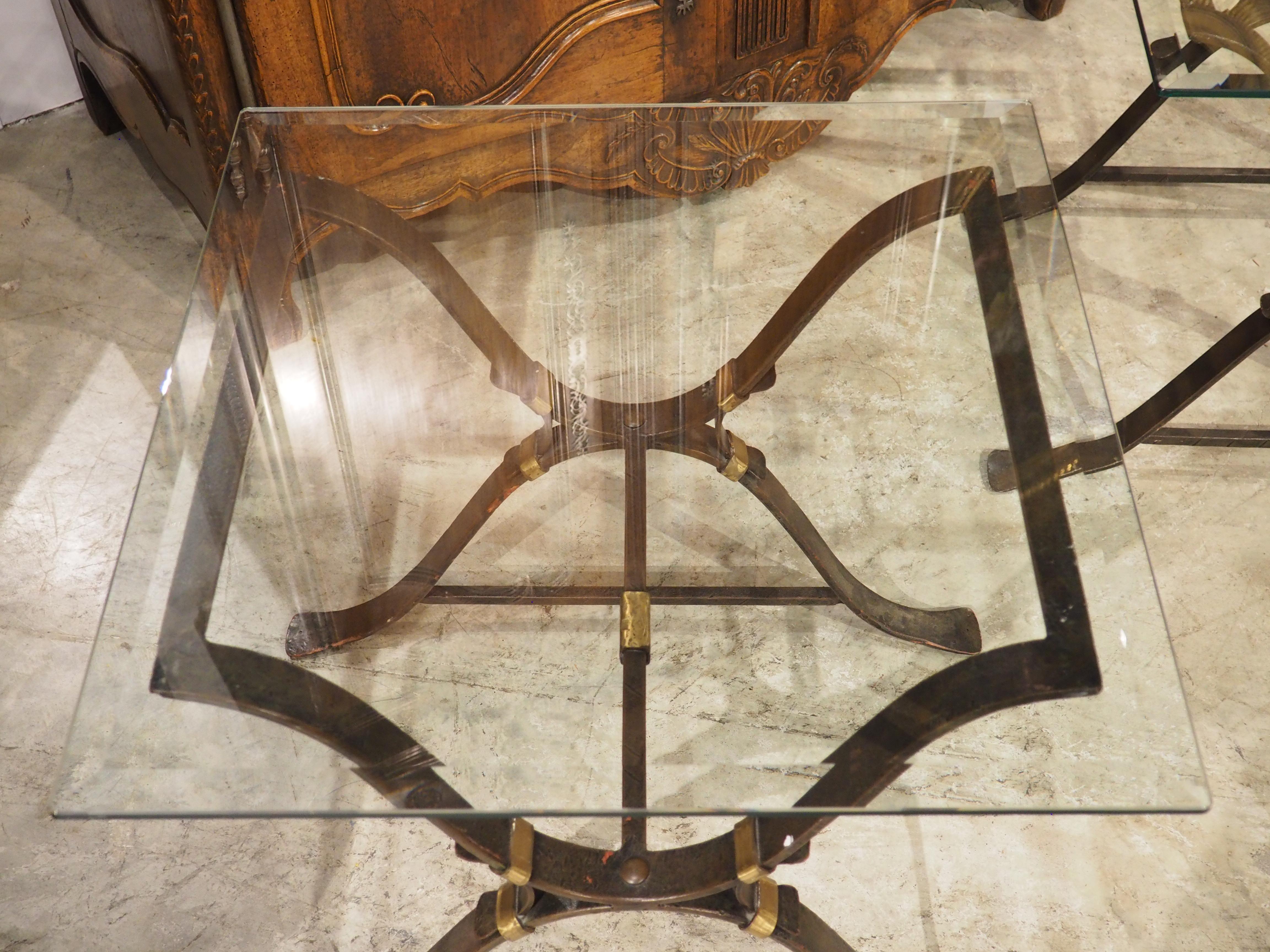 Pair of 1940s French Wrought Iron and Brass Side Tables with Beveled Glass Tops For Sale 7