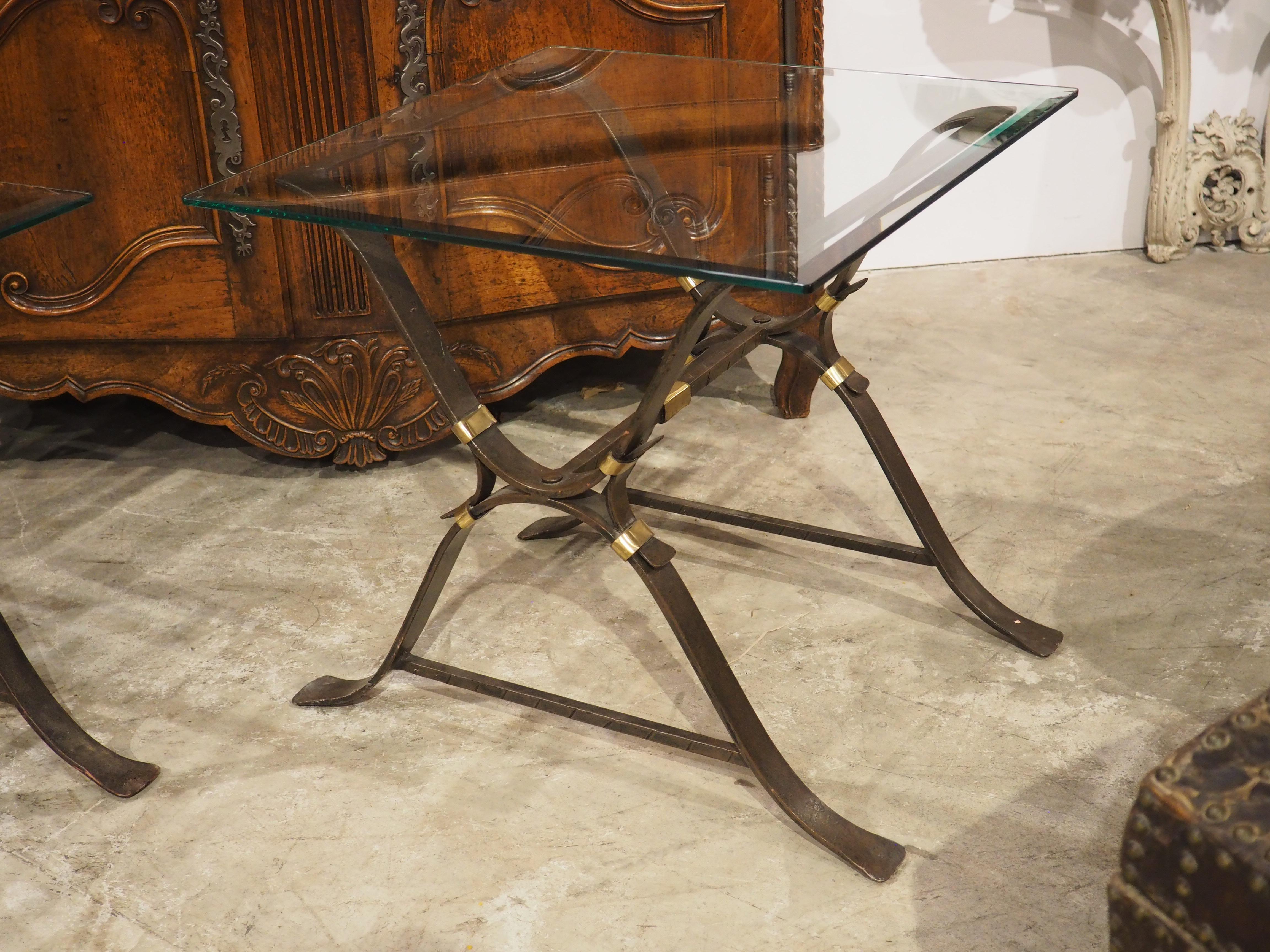 Pair of 1940s French Wrought Iron and Brass Side Tables with Beveled Glass Tops In Good Condition For Sale In Dallas, TX