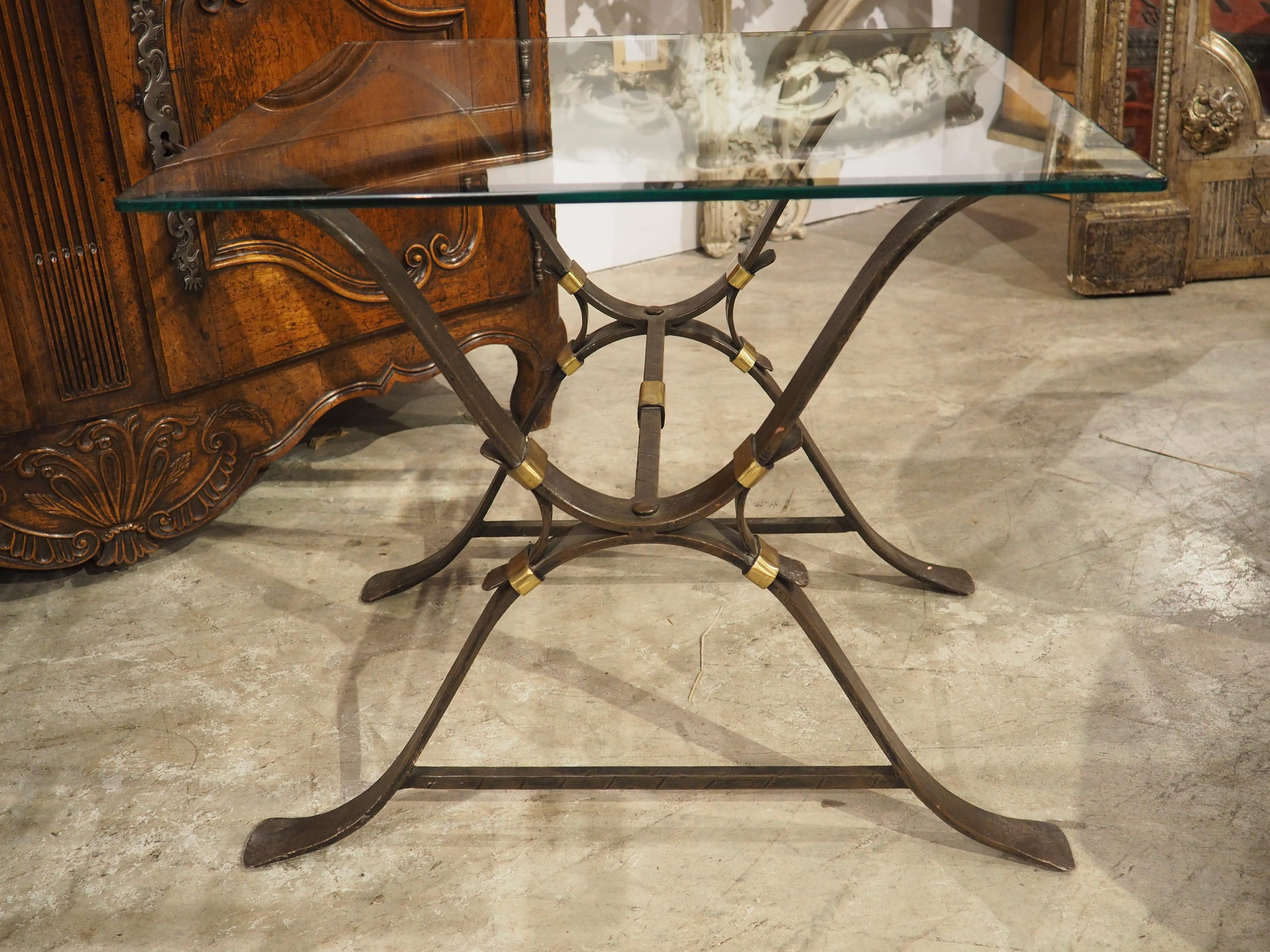 Pair of 1940s French Wrought Iron and Brass Side Tables with Beveled Glass Tops For Sale 1