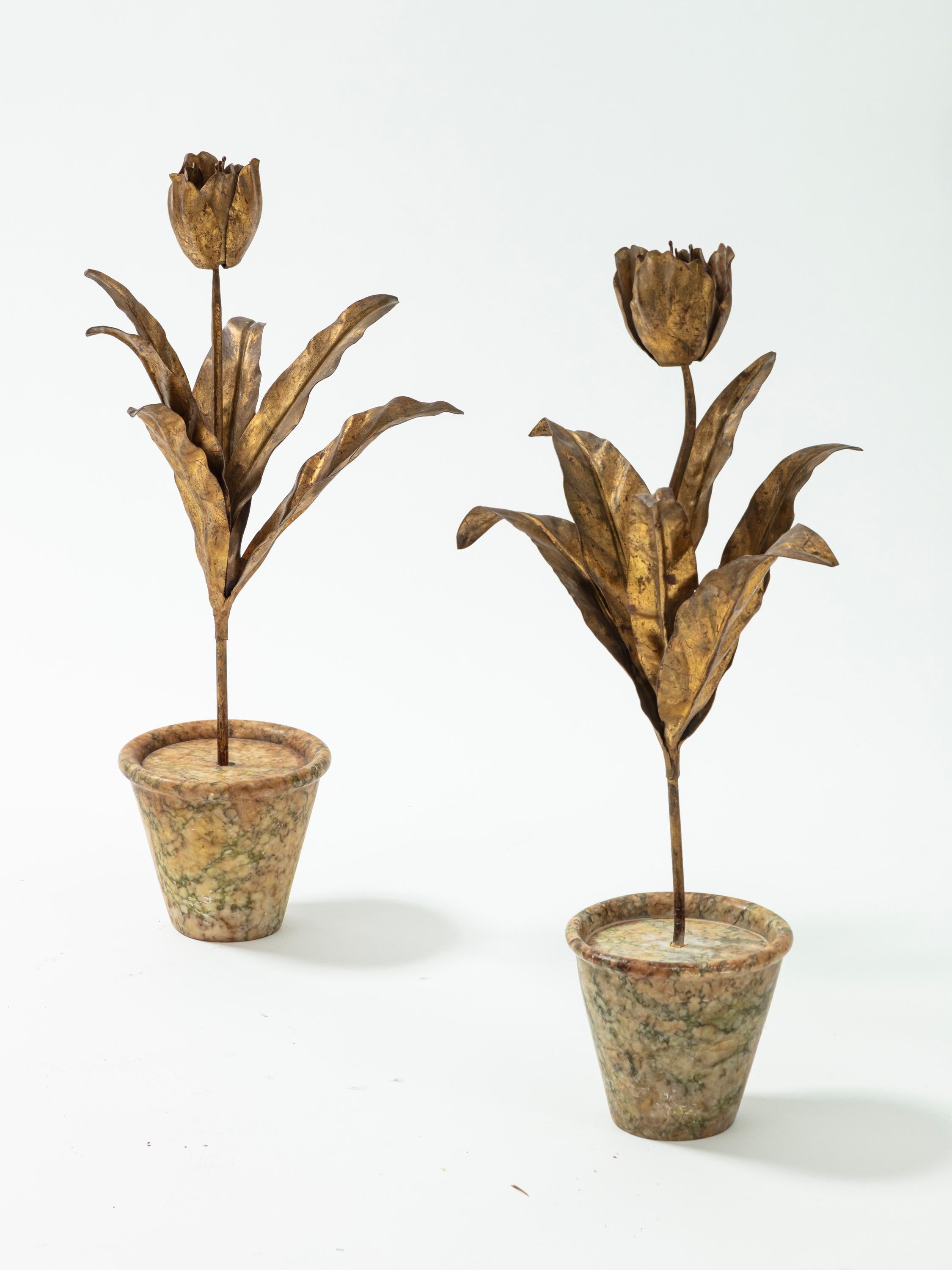 European Pair of 1940s Gilded Metal Tulips on a Marble Planters
