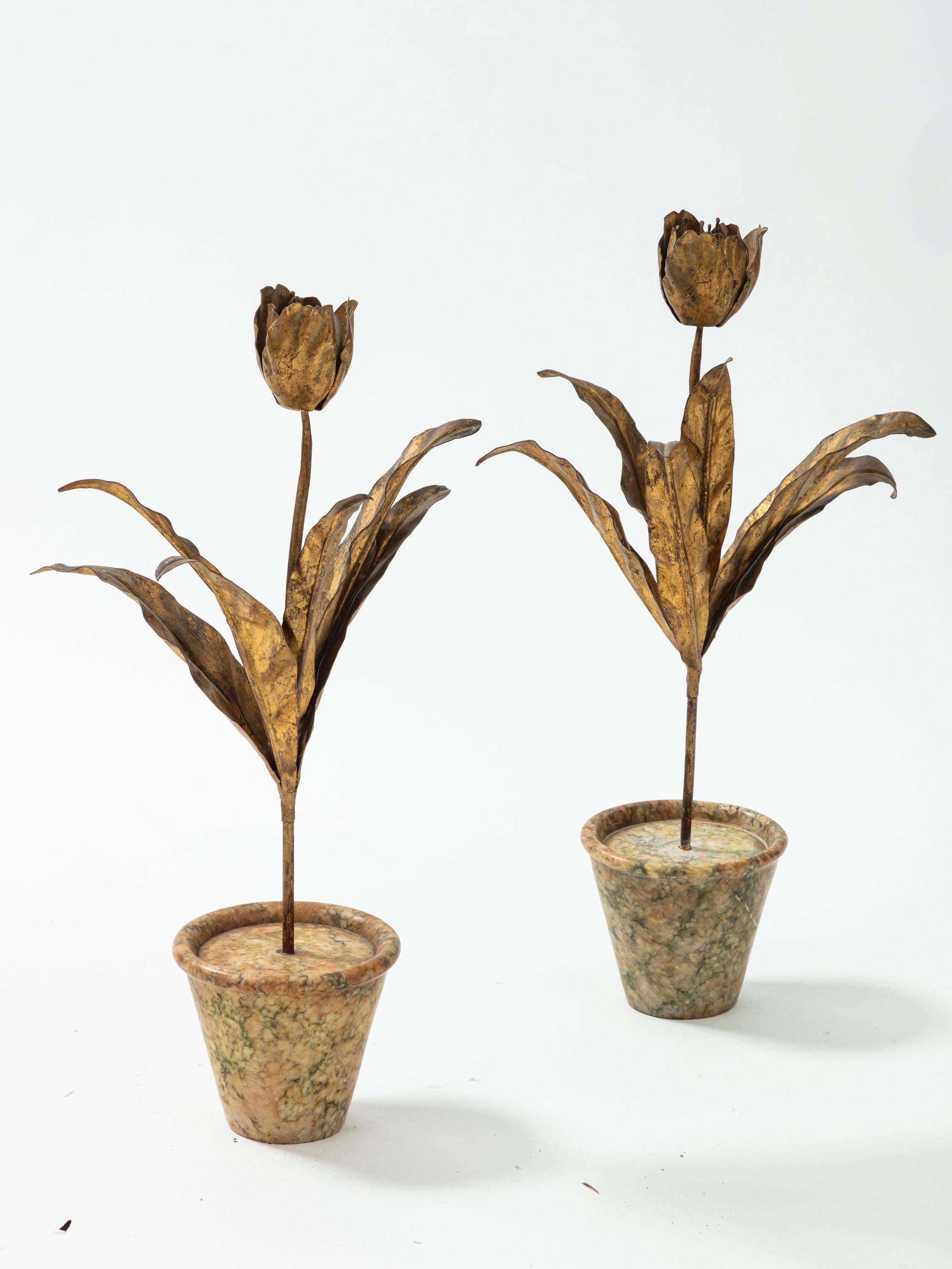Gilt Pair of 1940s Gilded Metal Tulips on a Marble Planters