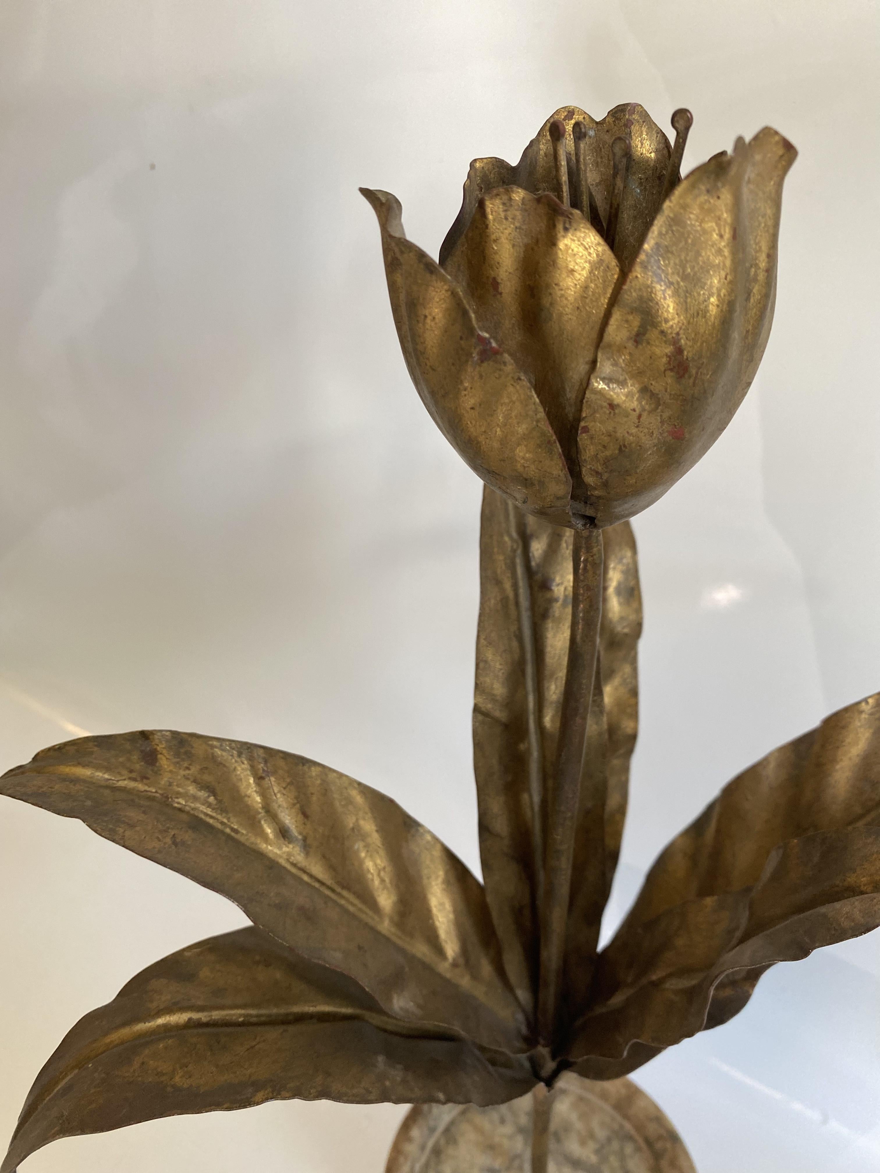 Pair of 1940s Gilded Metal Tulips on a Marble Planters 3