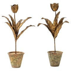 Pair of 1940s Gilded Metal Tulips on a Marble Planters