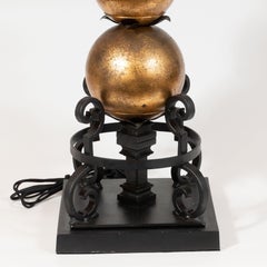 Pair of 1940s Gilded Spheres and Wrought Iron Spherical Art Moderne Table Lamps