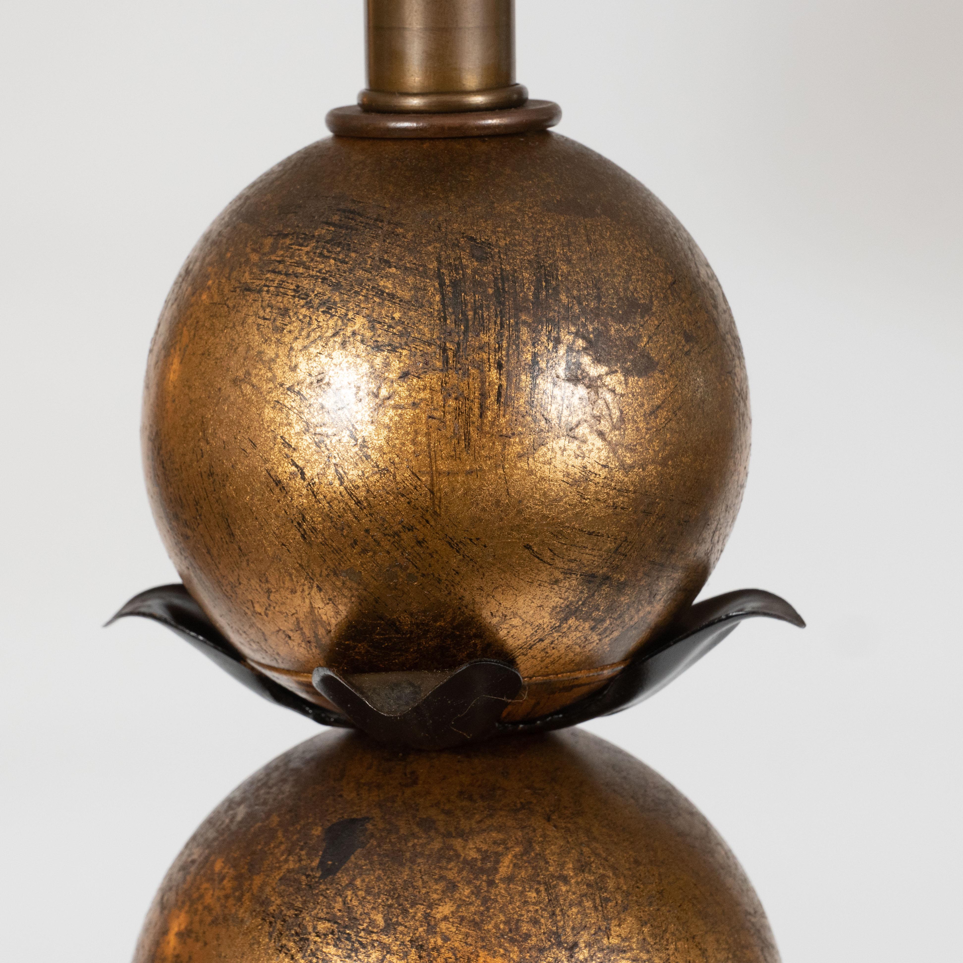 Pair of 1940s Gilded Spheres and Wrought Iron Spherical Art Moderne Table Lamps In Excellent Condition For Sale In New York, NY