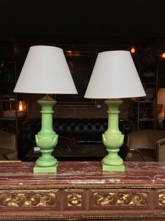 Pair of 1940s Green Ceramic Baluster Table Lamps