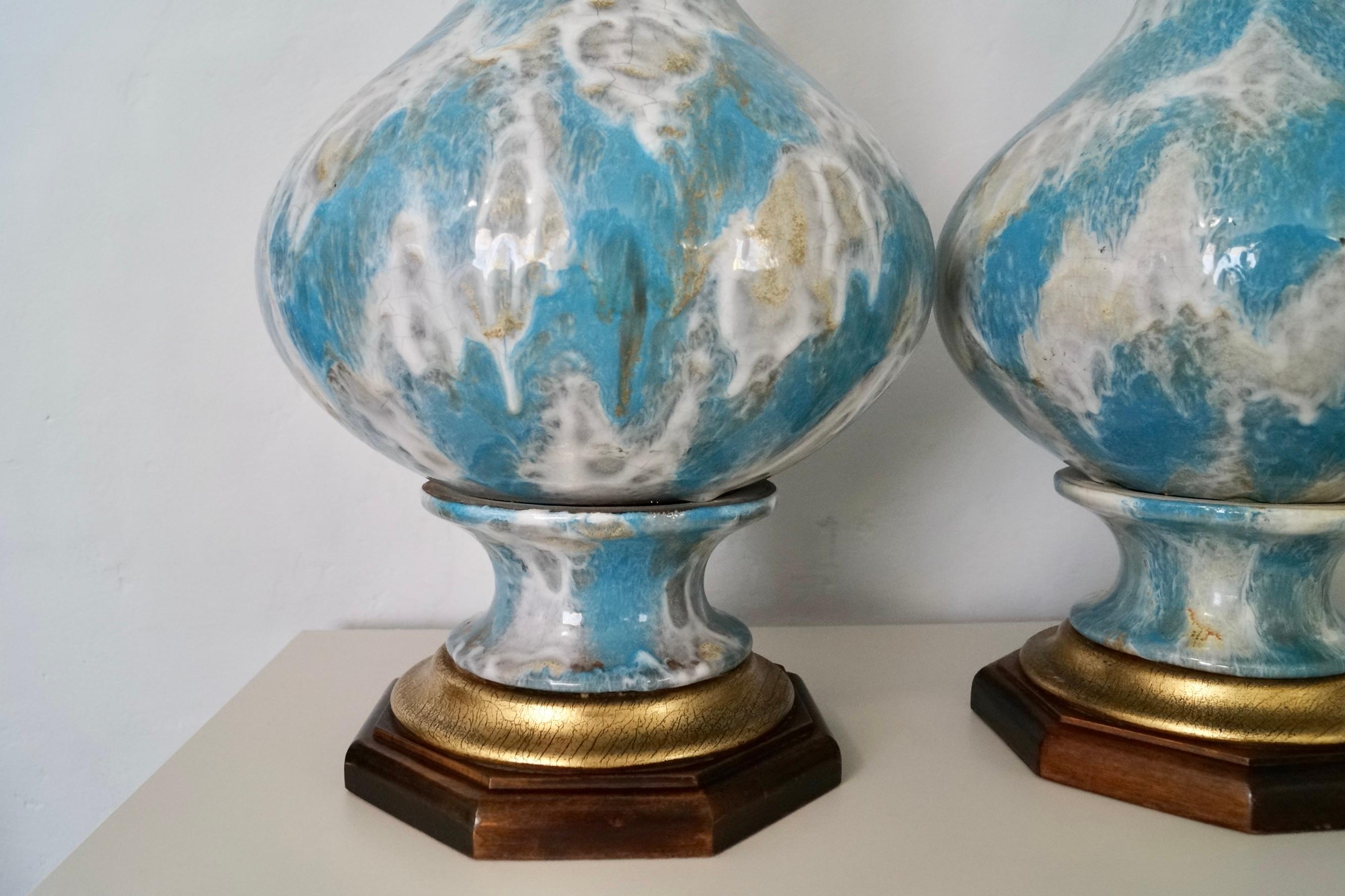 Pair of 1940's Hollywood Regency Drip Glazed Table Lamps For Sale 4