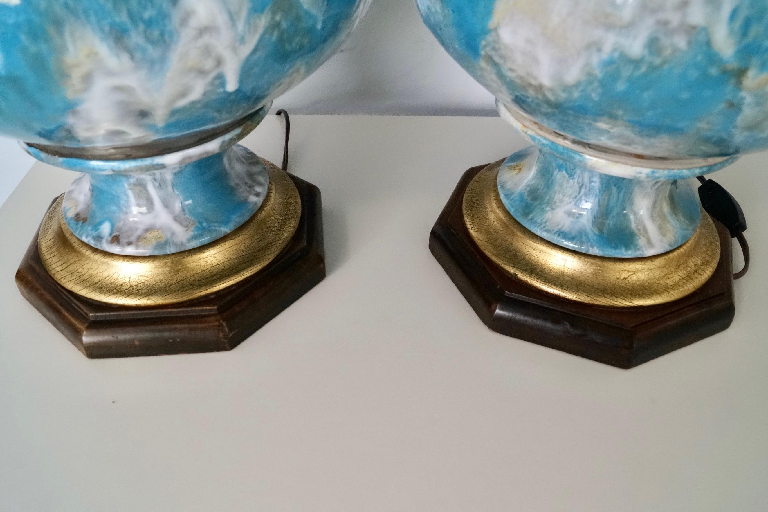 Pair of 1940's Hollywood Regency Drip Glazed Table Lamps For Sale 12