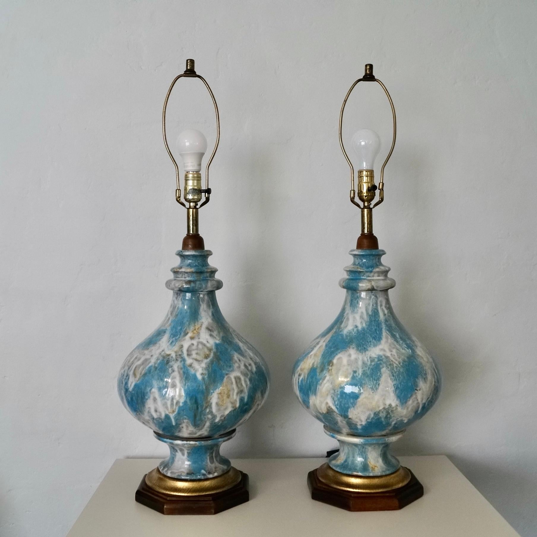 American Pair of 1940's Hollywood Regency Drip Glazed Table Lamps For Sale