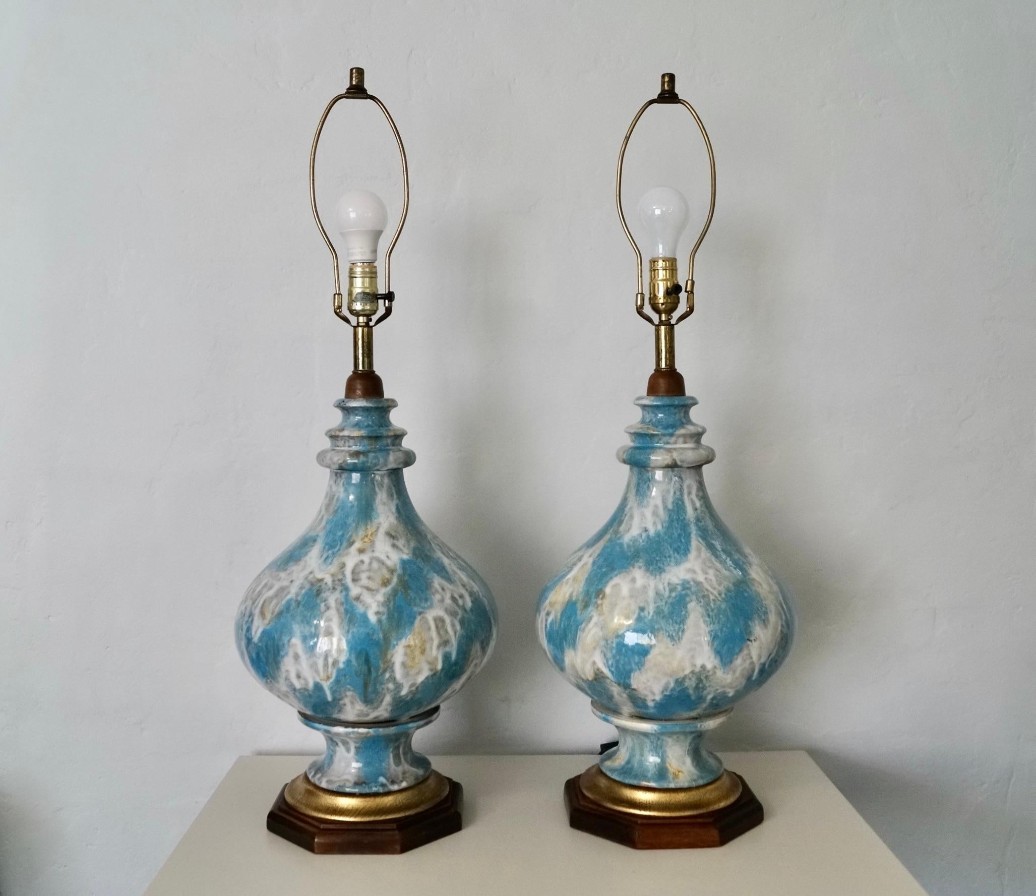 Pair of 1940's Hollywood Regency Drip Glazed Table Lamps In Good Condition For Sale In Burbank, CA