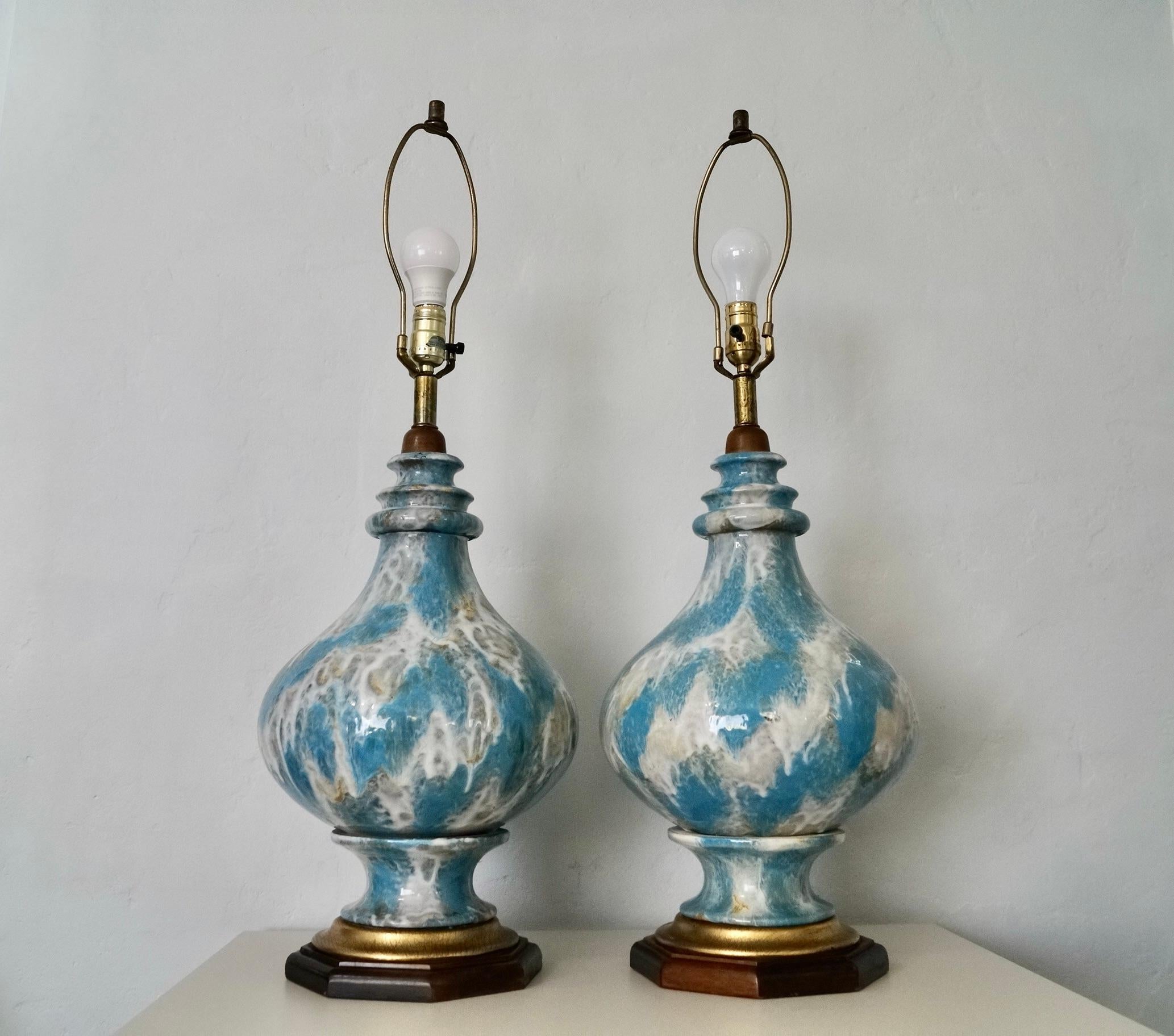 Mid-20th Century Pair of 1940's Hollywood Regency Drip Glazed Table Lamps For Sale
