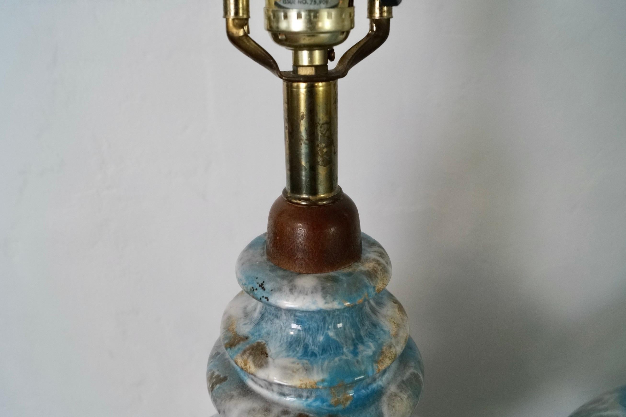 Brass Pair of 1940's Hollywood Regency Drip Glazed Table Lamps For Sale
