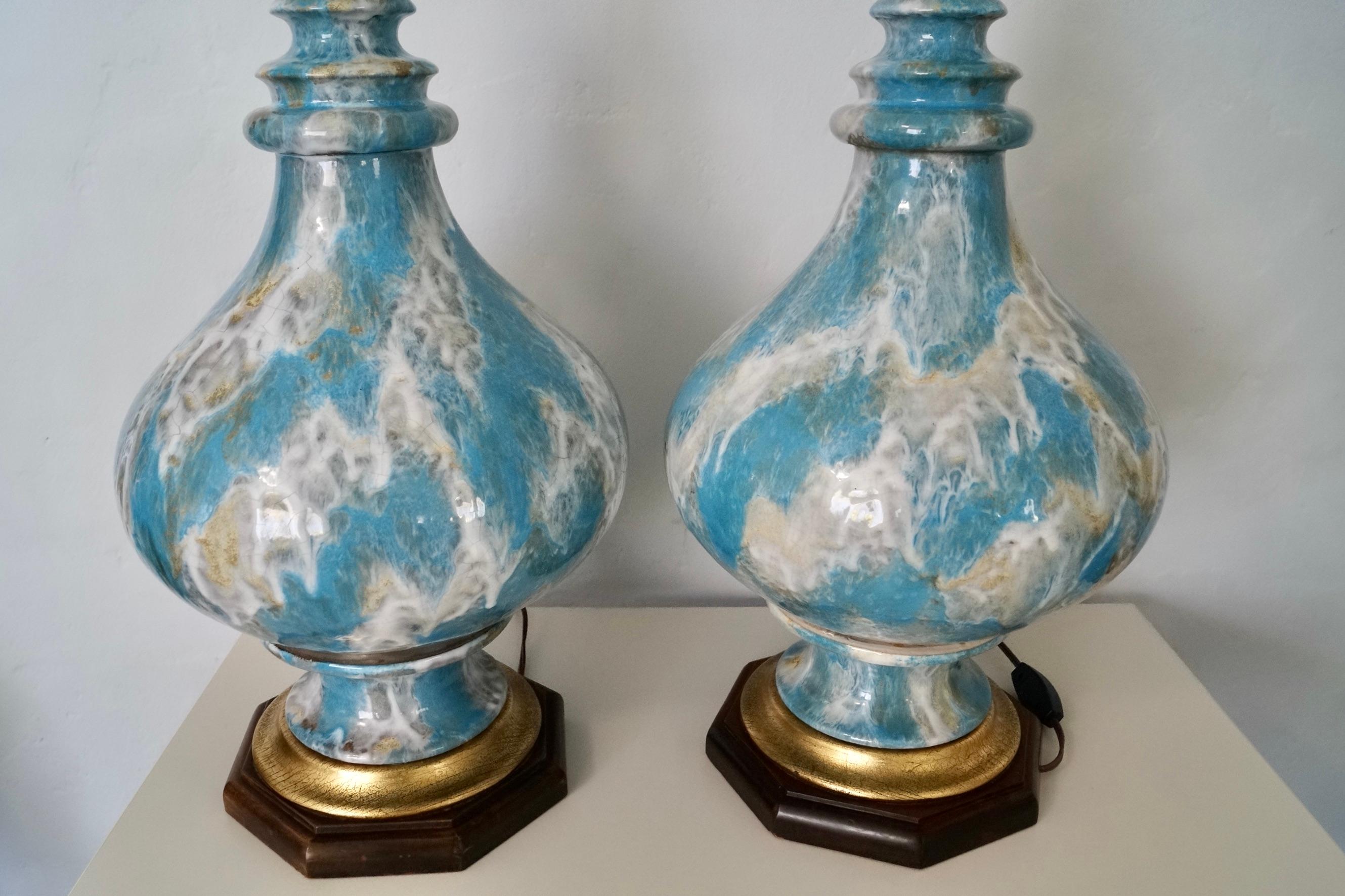 Pair of 1940's Hollywood Regency Drip Glazed Table Lamps For Sale 2