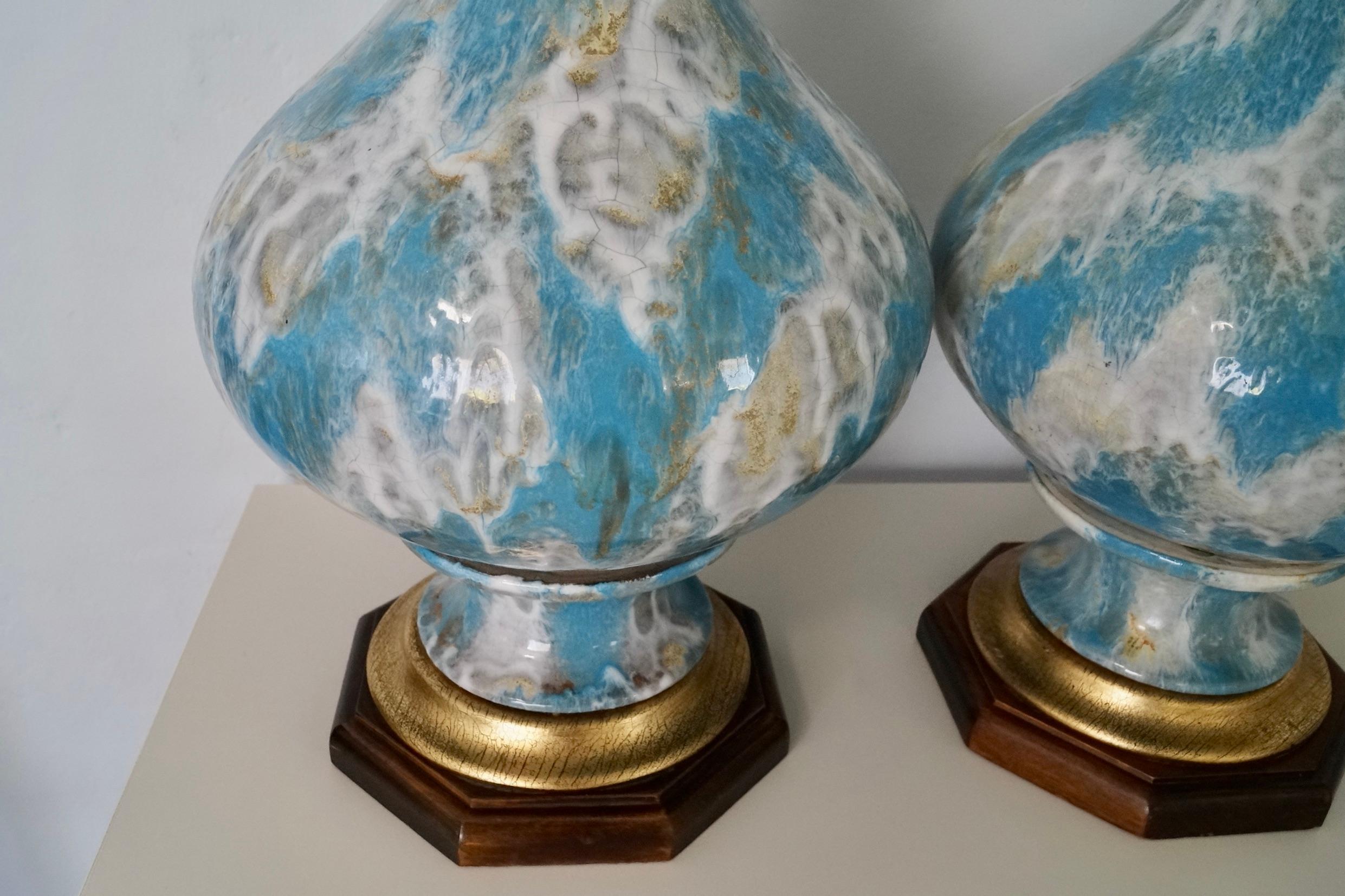 Pair of 1940's Hollywood Regency Drip Glazed Table Lamps For Sale 3