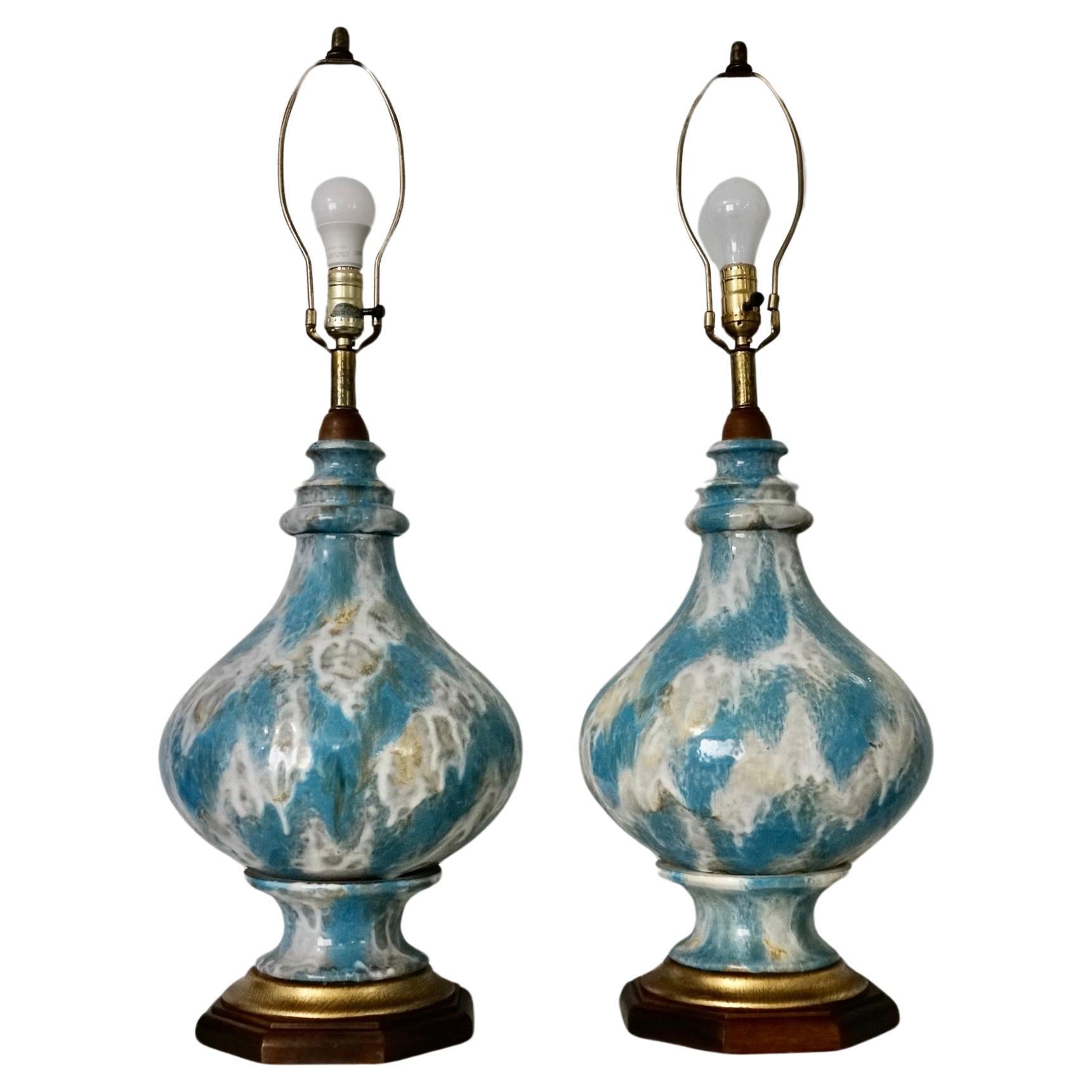 Pair of 1940's Hollywood Regency Drip Glazed Table Lamps For Sale