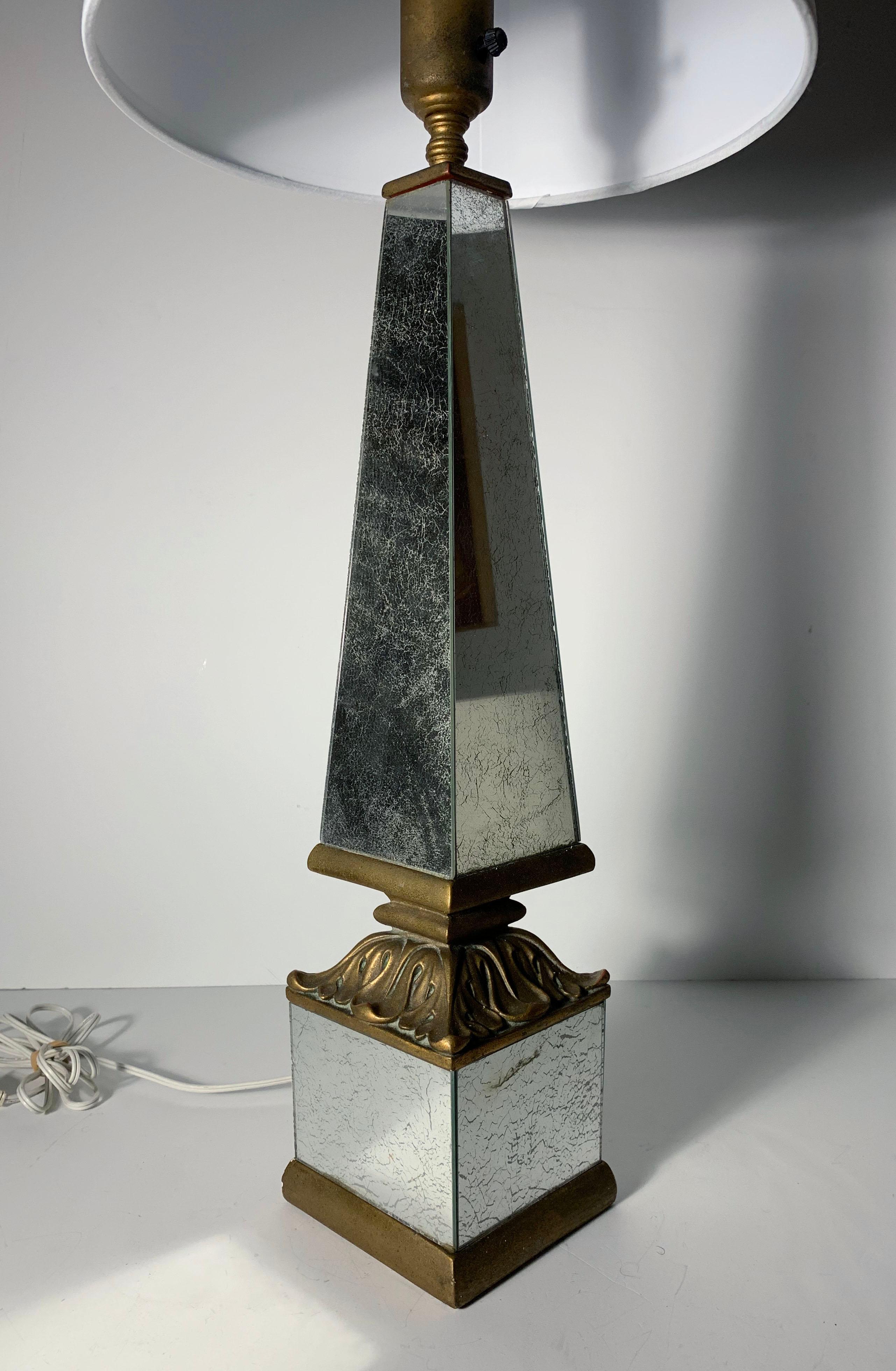 Pair of 1940s Hollywood Regency Mirrored Obelisk Form Table Lamps In Fair Condition For Sale In Chicago, IL