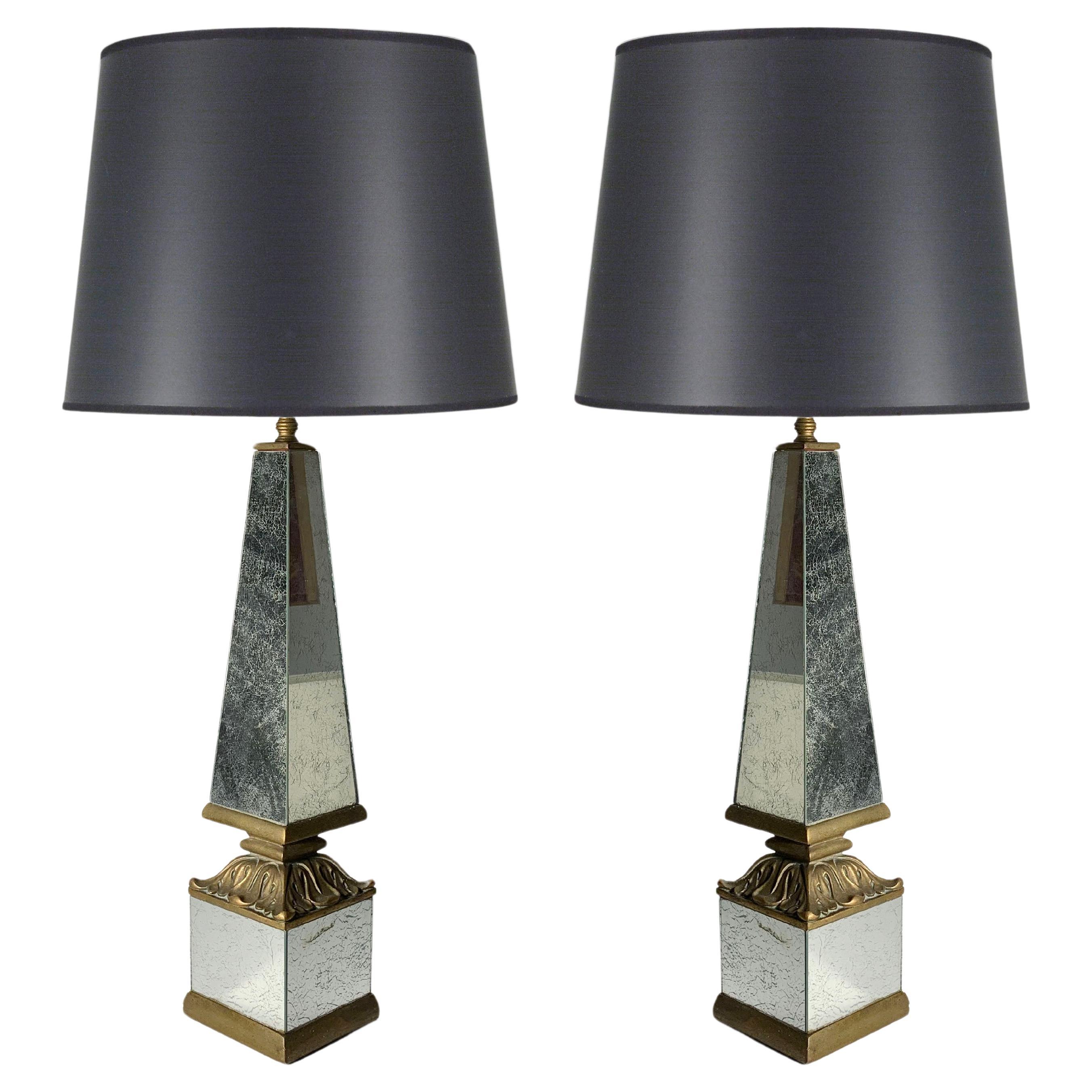 Pair of 1940s Hollywood Regency Mirrored Obelisk Form Table Lamps For Sale